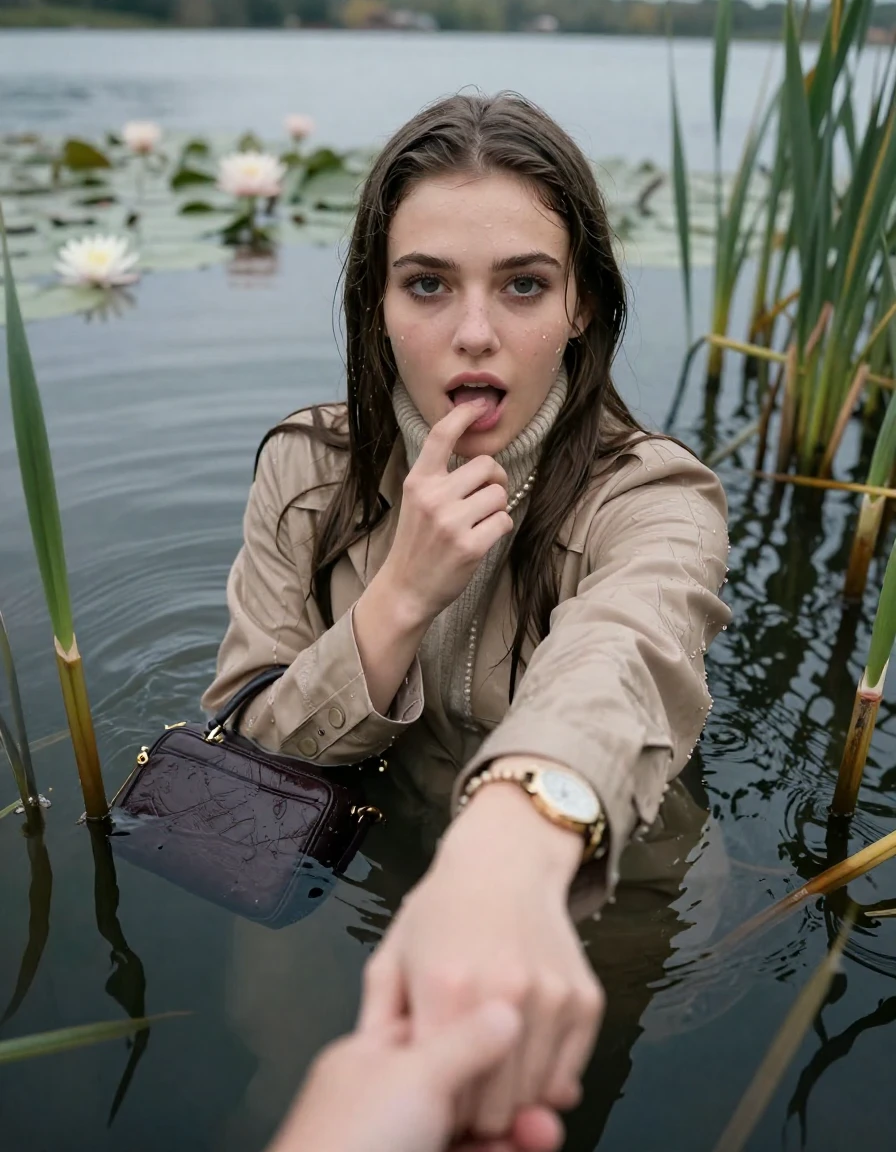 photo of young woman, in soaking wet, drenched clothes,
, , winter coat,  knit turtleneck sweater, handbag, pearl necklace, bracelet, wristwatch, Emerging after diving in a lake with water lilies and reeds, 
enjoying, wet clothes stuck to body,
detailed textures of the wet clothes, wet face, wet plastered hair,
wet, drenched, professional, high-quality details, full body view.
sharp focus, ultra-high pixel detail, realistic, high-quality, full colors, incredibly detailed, 4k, 8k, 16k, hyper-realistic, RAW photo, masterpiece, ultra-detailed, professionally color graded, professional photograph, Sleek long straight hair

15 years old  teenage girl

open mouth, big eyes. 0ne hand with a finger at her tongue  inside her mouth, hold with the other the viewer's hand, pulling them toward the center of the water. Laying her breast and arms on the surface.  Whole body and shoulders are submerged under the surface. Looking up at camera.

she is completely underwater up to her neck,  horny and sexuell aroused expression.

She hides in the reeds.

her submerged clothes are hardly vusible under water, she soaked her handbag into the water

close up view, wet skin, wet clothes, wet hair, damp fabric, water runs down the clothes, wet skin, wet clothes, damp fabric, wet skin, wet clothes, damp fabric, wet skin, wet clothes, damp fabric, wet skin, wet clothes, damp fabric, wet skin, wet clothes, damp fabric, wet skin, wet clothes, damp fabric, wet skin, wet clothes, damp fabric, wet skin, wet clothes, damp fabric, wet skin, wet clothes, damp fabric, wet skin, wet clothes, damp fabric, wet skin, wet clothes, damp fabric, wet skin, wet clothes, damp fabric, wet skin, wet clothes, damp fabric, wet skin, wet clothes, damp fabric, wet skin, wet clothes, damp fabric, wet skin, wet clothes, damp fabric, wet skin, wet clothes, damp fabric, wet skin, wet clothes, damp fabric, wet skin, wet clothes, damp fabric