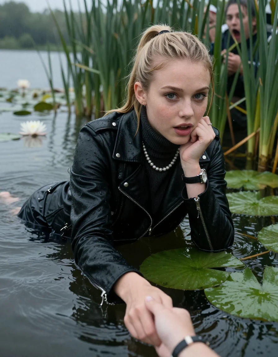 photo of young woman, in soaking wet, drenched clothes,
, , black biker leatherjacket,  knit turtleneck sweater, handbag, pearl necklace, bracelet, wristwatch , Emerging after diving in a lake with water lilies and reeds, rain , 
enjoying, wet clothes stuck to body,
detailed textures of the wet clothes, wet face, wet plastered hair,
wet, drenched, professional, high-quality details, full body view.
sharp focus, ultra-high pixel detail, realistic, high-quality, full colors, incredibly detailed, 4k, 8k, 16k, hyper-realistic, RAW photo, masterpiece, ultra-detailed, professionally color graded, professional photograph, blonde Sleek long ponytail with hairband

19 years old  teenage girl

open mouth, big eyes. 0ne hand on chin, hold with the other the female viewer's hand, pulling them toward the center of the water. Laying her breast and arms on the surface.  Whole body and shoulders are submerged under the surface.

she is completely underwater up to her neck and is in danger of going under.
She hides in the reeds and is surprised by spectators

her submerged clothes are hardly vusible under water, she soaked her handbag into the water

close up view, wet skin, wet clothes, wet hair, damp fabric, water runs down the clothes, wet skin, wet clothes, damp fabric, wet skin, wet clothes, damp fabric, wet skin, wet clothes, damp fabric, wet skin, wet clothes, damp fabric, wet skin, wet clothes, damp fabric, wet skin, wet clothes, damp fabric, wet skin, wet clothes, damp fabric, wet skin, wet clothes, damp fabric, wet skin, wet clothes, damp fabric, wet skin, wet clothes, damp fabric, wet skin, wet clothes, damp fabric, wet skin, wet clothes, damp fabric, wet skin, wet clothes, damp fabric, wet skin, wet clothes, damp fabric, wet skin, wet clothes, damp fabric, wet skin, wet clothes, damp fabric, wet skin, wet clothes, damp fabric, wet skin, wet clothes, damp fabric