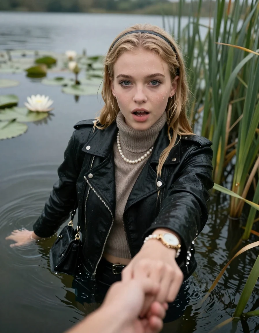 photo of young woman, in soaking wet, drenched clothes,
, , black biker leatherjacket,  knit turtleneck sweater, handbag, pearl necklace, bracelet, wristwatch , Emerging after diving in a lake with water lilies and reeds, 
enjoying, wet clothes stuck to body,
detailed textures of the wet clothes, wet face, wet plastered hair,
wet, drenched, professional, high-quality details, full body view.
sharp focus, ultra-high pixel detail, realistic, high-quality, full colors, incredibly detailed, 4k, 8k, 16k, hyper-realistic, RAW photo, masterpiece, ultra-detailed, professionally color graded, professional photograph, blonde Sleek long straight hair with hairband

15 years old  teenage girl

open mouth, big eyes. 0ne hand with a finger inside her mouth, hold with the other the viewer's hand, pulling them toward the center of the water. Laying her breast and arms on the surface.  Whole body and shoulders are submerged under the surface. Looking at camera.

she is completely underwater up to her neck,  horny and sexuell aroused expression.

She hides in the reeds.

her submerged clothes are hardly vusible under water, she soaked her handbag into the water

close up view, wet skin, wet clothes, wet hair, damp fabric, water runs down the clothes, wet skin, wet clothes, damp fabric, wet skin, wet clothes, damp fabric, wet skin, wet clothes, damp fabric, wet skin, wet clothes, damp fabric, wet skin, wet clothes, damp fabric, wet skin, wet clothes, damp fabric, wet skin, wet clothes, damp fabric, wet skin, wet clothes, damp fabric, wet skin, wet clothes, damp fabric, wet skin, wet clothes, damp fabric, wet skin, wet clothes, damp fabric, wet skin, wet clothes, damp fabric, wet skin, wet clothes, damp fabric, wet skin, wet clothes, damp fabric, wet skin, wet clothes, damp fabric, wet skin, wet clothes, damp fabric, wet skin, wet clothes, damp fabric, wet skin, wet clothes, damp fabric, wet skin, wet clothes, damp fabric