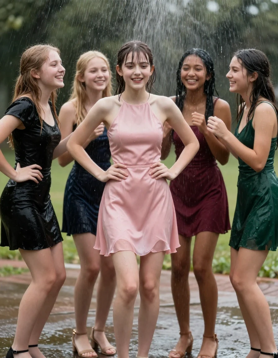 photo of young woman, in soaking wet, drenched clothes,
, , dress, 4.college girls playing at a dance when it started pouring water from the ceiling on them, 
enjoying, wet clothes stuck to body,
detailed textures of the wet clothes, wet face, wet plastered hair,
wet, drenched, professional, high-quality details, full body view.
sharp focus, ultra-high pixel detail, realistic, high-quality, full colors, incredibly detailed, 4k, 8k, 16k, hyper-realistic, RAW photo, masterpiece, ultra-detailed, professionally color graded, professional photograph, college girls both having fun together. All a similar age, a nineteen year old girl, with a flat and slim body, skinny body, flat and skinny chest, a She has a wide square young face but a small very skinny waist and skinny legs, a very small chest and very small breasts, she is a pale brunette with ponytail and bangs, She has a small body, She is full of youthful energy. wearing a pink formal satin cocktail dress with a high neckline. she has her hands on her hips,. Her friend has blonde hair and is quite skinny, ,a wide square face, she is wearing a fit black short sleeve coctail dress. The third girl is 19, with a tan complexion and dark black hair, she is wearing a maroon mini dress, The 4th girl is brunette with a small body and thin legs, she is wearing a green prom dress, all of them except the blonde girl have very small breasts. wet skin, wet clothes, damp fabric,, wet skin, wet clothes, damp fabric, wet skin, wet clothes, damp fabric, wet skin, wet clothes, damp fabric, wet skin, wet clothes, damp fabric, wet skin, wet clothes, damp fabric, wet skin, wet clothes, damp fabric