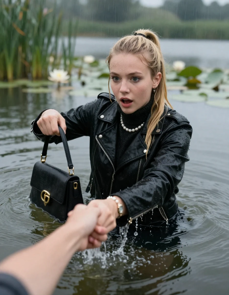 photo of young woman, in soaking wet, drenched clothes,
, , black biker leatherjacket,  knit turtleneck sweater, handbag, pearl necklace, bracelet, wristwatch , Emerging after diving in a lake with water lilies and reeds, rain , 
enjoying, wet clothes stuck to body,
detailed textures of the wet clothes, wet face, wet plastered hair,
wet, drenched, professional, high-quality details, full body view.
sharp focus, ultra-high pixel detail, realistic, high-quality, full colors, incredibly detailed, 4k, 8k, 16k, hyper-realistic, RAW photo, masterpiece, ultra-detailed, professionally color graded, professional photograph, blonde Sleek long ponytail with hairband

19 years old  teenage girl, stupified shocked expression.

open mouth, big eyes. hold with her hands the female viewer's hand, pulling them toward the center of the water. Laying her breast and arms on the surface.  Whole body and shoulders are submerged under the surface.

she is completely underwater up to her neck and is in danger of drowning.

her submerged clothes are hardly vusible under water, she soaked her handbag into the water

close up view, wet skin, wet clothes, wet hair, damp fabric, water runs down the clothes, wet skin, wet clothes, damp fabric, wet skin, wet clothes, damp fabric, wet skin, wet clothes, damp fabric, wet skin, wet clothes, damp fabric, wet skin, wet clothes, damp fabric, wet skin, wet clothes, damp fabric, wet skin, wet clothes, damp fabric, wet skin, wet clothes, damp fabric, wet skin, wet clothes, damp fabric, wet skin, wet clothes, damp fabric, wet skin, wet clothes, damp fabric, wet skin, wet clothes, damp fabric, wet skin, wet clothes, damp fabric, wet skin, wet clothes, damp fabric, wet skin, wet clothes, damp fabric, wet skin, wet clothes, damp fabric, wet skin, wet clothes, damp fabric, wet skin, wet clothes, damp fabric
