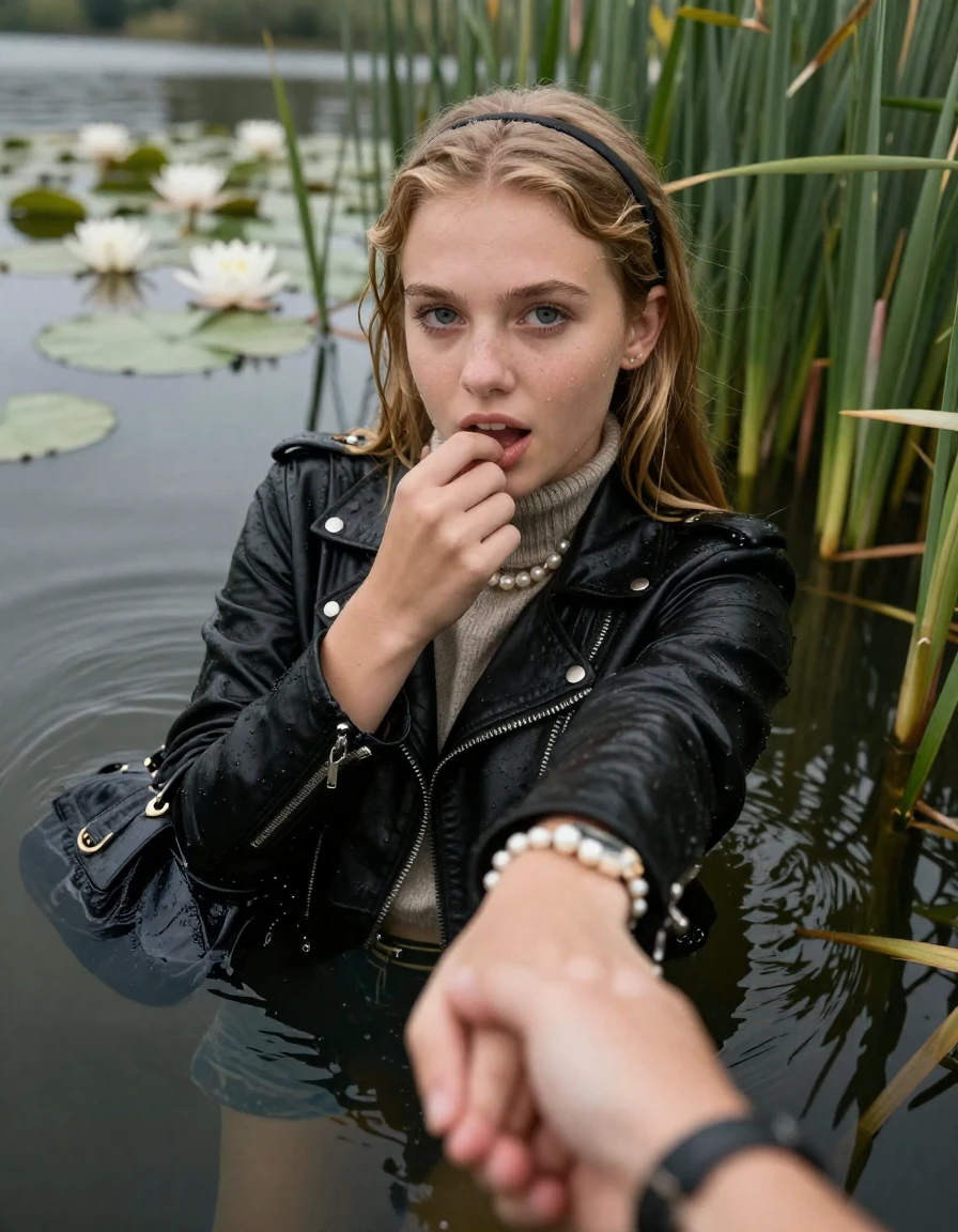photo of young woman, in soaking wet, drenched clothes,
, , black biker leatherjacket,  knit turtleneck sweater, handbag, pearl necklace, bracelet, wristwatch , Emerging after diving in a lake with water lilies and reeds, 
enjoying, wet clothes stuck to body,
detailed textures of the wet clothes, wet face, wet plastered hair,
wet, drenched, professional, high-quality details, full body view.
sharp focus, ultra-high pixel detail, realistic, high-quality, full colors, incredibly detailed, 4k, 8k, 16k, hyper-realistic, RAW photo, masterpiece, ultra-detailed, professionally color graded, professional photograph, blonde Sleek long straight hair with hairband

15 years old  teenage girl

open mouth, big eyes. 0ne hand with a finger inside her mouth, hold with the other the viewer's hand, pulling them toward the center of the water. Laying her breast and arms on the surface.  Whole body and shoulders are submerged under the surface. Looking at camera.

she is completely underwater up to her neck,  horny and sexuell aroused expression.

She hides in the reeds.

her submerged clothes are hardly vusible under water, she soaked her handbag into the water

close up view, wet skin, wet clothes, wet hair, damp fabric, water runs down the clothes, wet skin, wet clothes, damp fabric, wet skin, wet clothes, damp fabric, wet skin, wet clothes, damp fabric, wet skin, wet clothes, damp fabric, wet skin, wet clothes, damp fabric, wet skin, wet clothes, damp fabric, wet skin, wet clothes, damp fabric, wet skin, wet clothes, damp fabric, wet skin, wet clothes, damp fabric, wet skin, wet clothes, damp fabric, wet skin, wet clothes, damp fabric, wet skin, wet clothes, damp fabric, wet skin, wet clothes, damp fabric, wet skin, wet clothes, damp fabric, wet skin, wet clothes, damp fabric, wet skin, wet clothes, damp fabric, wet skin, wet clothes, damp fabric, wet skin, wet clothes, damp fabric, wet skin, wet clothes, damp fabric