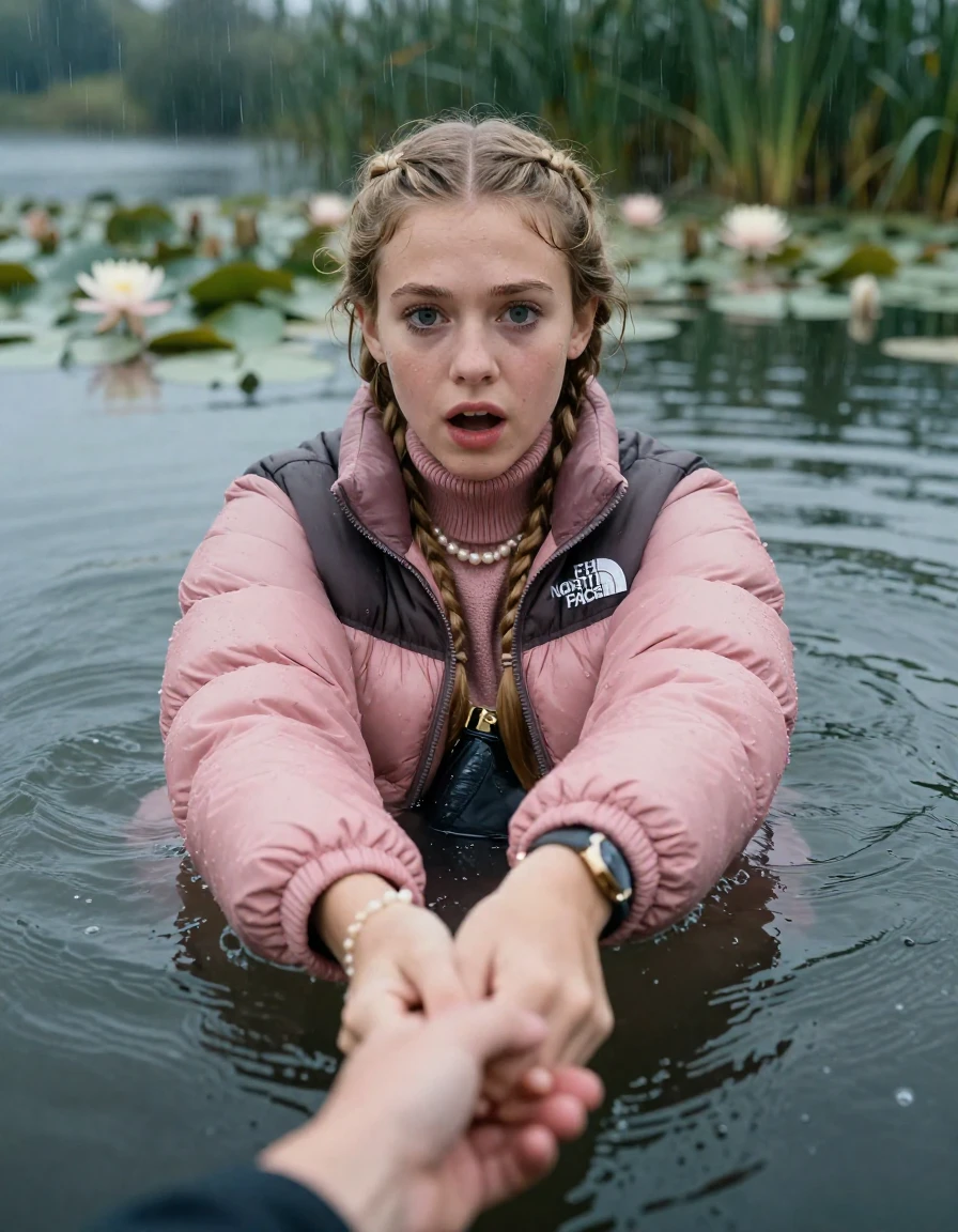 photo of young woman, in soaking wet, drenched clothes,
, , pink puffer down jacket from north face,  knit turtleneck sweater, handbag, pearl necklace, bracelet, wristwatch , swimming in a lake with water lilies and reeds, rain , 
enjoying, wet clothes stuck to body,
detailed textures of the wet clothes, wet face, wet plastered hair,
wet, drenched, professional, high-quality details, full body view.
sharp focus, ultra-high pixel detail, realistic, high-quality, full colors, incredibly detailed, 4k, 8k, 16k, hyper-realistic, RAW photo, masterpiece, ultra-detailed, professionally color graded, professional photograph, two blonde sleek long braids

19 years old  teenage girl, afraid and astonished expression.

open mouth, big eyes. hold with her hands the female viewer's hand, pulling them toward the center of the water. Laying her breast and arms on the surface.  Whole body and shoulders are submerged under the surface.

she is completely underwater up to her neck. leaning slightly forewards.

her submerged clothes are hardly vusible under water, she soaked her handbag into the water

close up view, wet skin, wet clothes, wet hair, damp fabric, water runs down the clothes, wet skin, wet clothes, damp fabric, wet skin, wet clothes, damp fabric, wet skin, wet clothes, damp fabric, wet skin, wet clothes, damp fabric, wet skin, wet clothes, damp fabric, wet skin, wet clothes, damp fabric, wet skin, wet clothes, damp fabric, wet skin, wet clothes, damp fabric, wet skin, wet clothes, damp fabric, wet skin, wet clothes, damp fabric, wet skin, wet clothes, damp fabric, wet skin, wet clothes, damp fabric, wet skin, wet clothes, damp fabric, wet skin, wet clothes, damp fabric, wet skin, wet clothes, damp fabric, wet skin, wet clothes, damp fabric, wet skin, wet clothes, damp fabric, wet skin, wet clothes, damp fabric, wet skin, wet clothes, damp fabric, wet skin, wet clothes, damp fabric