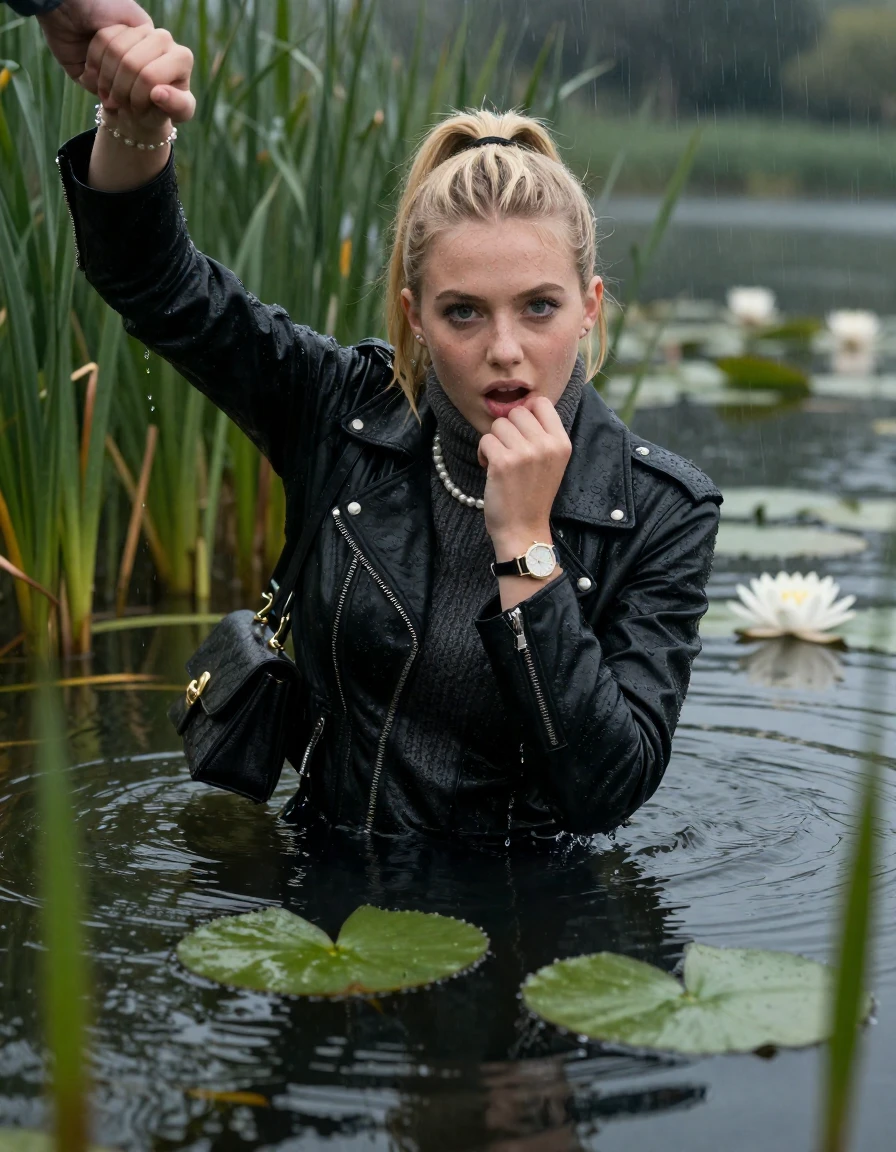 photo of young woman, in soaking wet, drenched clothes,
, , black biker leatherjacket,  knit turtleneck sweater, handbag, pearl necklace, bracelet, wristwatch , Emerging after diving in a lake with water lilies and reeds, rain , 
enjoying, wet clothes stuck to body,
detailed textures of the wet clothes, wet face, wet plastered hair,
wet, drenched, professional, high-quality details, full body view.
sharp focus, ultra-high pixel detail, realistic, high-quality, full colors, incredibly detailed, 4k, 8k, 16k, hyper-realistic, RAW photo, masterpiece, ultra-detailed, professionally color graded, professional photograph, blonde Sleek long ponytail with hairband

19 years old  teenage girl

open mouth, big eyes. 0ne hand on chin, hold with the other her friends hand, pulling them toward the center of the water. Laying her breast and arms on the surface.  Whole body and shoulders are submerged under the surface. Looking at camera.

she is completely underwater up to her neck, spits out water and gasps for air.

She hides in the reeds and is surprised by spectators

her submerged clothes are hardly vusible under water, she soaked her handbag into the water

close up view, wet skin, wet clothes, wet hair, damp fabric, water runs down the clothes, wet skin, wet clothes, damp fabric, wet skin, wet clothes, damp fabric, wet skin, wet clothes, damp fabric, wet skin, wet clothes, damp fabric, wet skin, wet clothes, damp fabric, wet skin, wet clothes, damp fabric, wet skin, wet clothes, damp fabric, wet skin, wet clothes, damp fabric, wet skin, wet clothes, damp fabric, wet skin, wet clothes, damp fabric, wet skin, wet clothes, damp fabric, wet skin, wet clothes, damp fabric, wet skin, wet clothes, damp fabric, wet skin, wet clothes, damp fabric, wet skin, wet clothes, damp fabric, wet skin, wet clothes, damp fabric, wet skin, wet clothes, damp fabric, wet skin, wet clothes, damp fabric