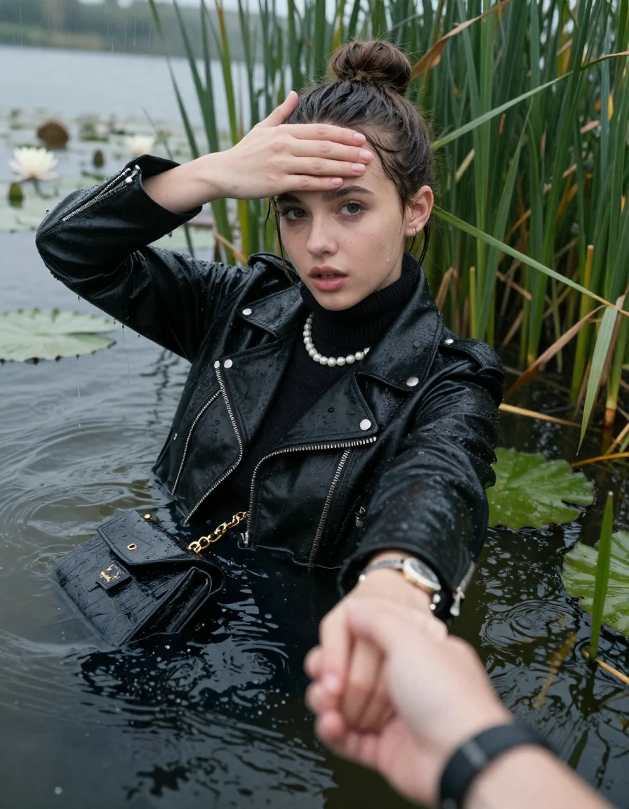 photo of young woman, in soaking wet, drenched clothes,
, , black biker leatherjacket,  knit turtleneck sweater, handbag, pearl necklace, bracelet, wristwatch , Emerging after diving in a lake with water lilies and reeds, rain , 
enjoying, wet clothes stuck to body,
detailed textures of the wet clothes, wet face, wet plastered hair,
wet, drenched, professional, high-quality details, full body view.
sharp focus, ultra-high pixel detail, realistic, high-quality, full colors, incredibly detailed, 4k, 8k, 16k, hyper-realistic, RAW photo, masterpiece, ultra-detailed, professionally color graded, professional photograph, Sleek bun 

19 years old  teenage girl

open mouth, big eyes. 0ne hand over forehead, hold with the other the viewer's hand, pulling them toward the center of the water. Laying her breast and arms on the surface.  Whole body and shoulders are submerged under the surface. Looking at camera.

she is completely underwater up to her neck,  bored expression.

She hides in the reeds and is surprised by spectators

her submerged clothes are hardly vusible under water, she soaked her handbag into the water

close up view, wet skin, wet clothes, wet hair, damp fabric, water runs down the clothes, wet skin, wet clothes, damp fabric, wet skin, wet clothes, damp fabric, wet skin, wet clothes, damp fabric, wet skin, wet clothes, damp fabric, wet skin, wet clothes, damp fabric, wet skin, wet clothes, damp fabric, wet skin, wet clothes, damp fabric, wet skin, wet clothes, damp fabric, wet skin, wet clothes, damp fabric, wet skin, wet clothes, damp fabric, wet skin, wet clothes, damp fabric, wet skin, wet clothes, damp fabric, wet skin, wet clothes, damp fabric, wet skin, wet clothes, damp fabric, wet skin, wet clothes, damp fabric, wet skin, wet clothes, damp fabric, wet skin, wet clothes, damp fabric, wet skin, wet clothes, damp fabric