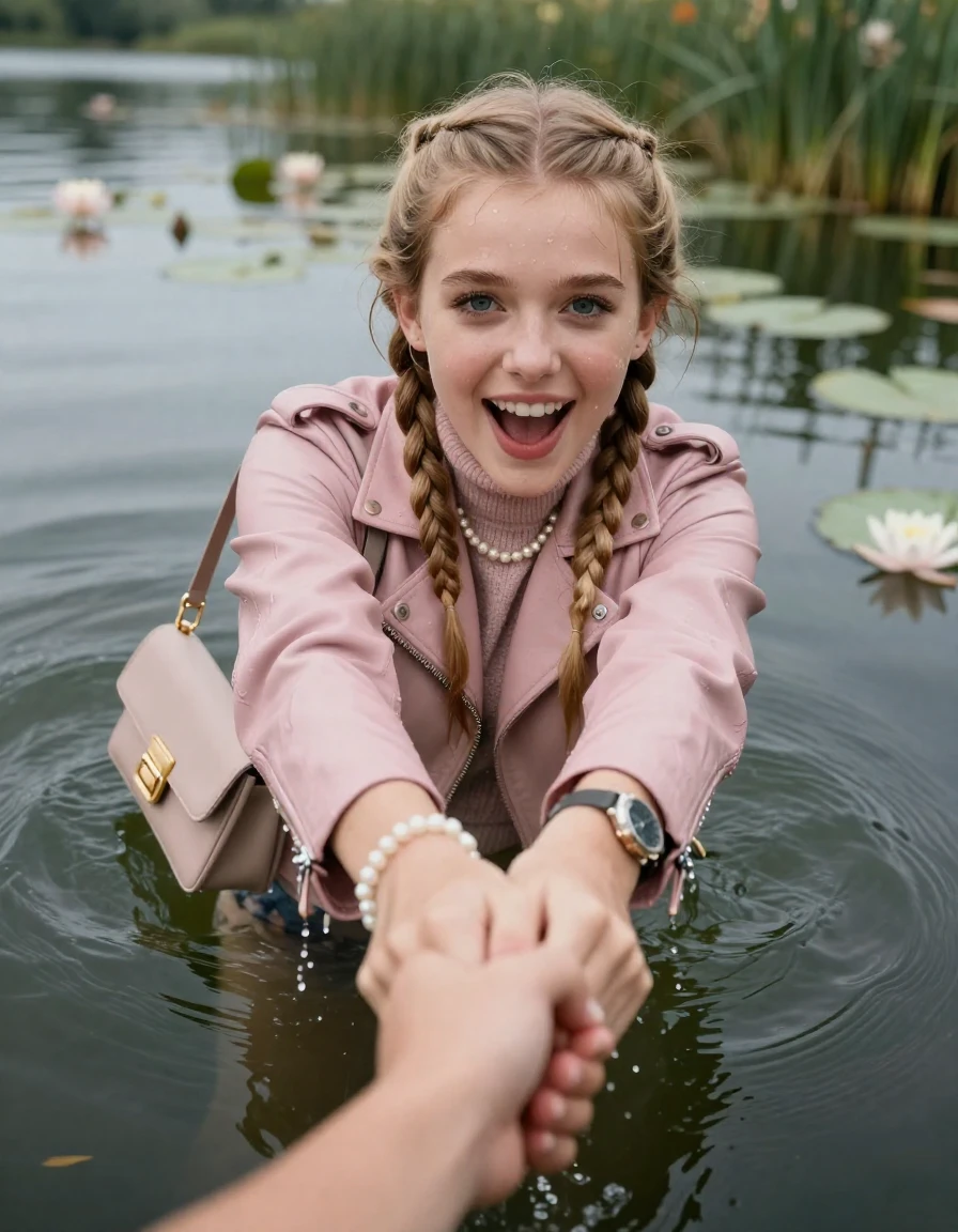 photo of young woman, in soaking wet, drenched clothes,
, , light pink biker leatherjacket,  knit turtleneck sweater, handbag, pearl necklace, bracelet, wristwatch , Emerging after diving in a lake with water lilies and reeds, 
enjoying, wet clothes stuck to body,
detailed textures of the wet clothes, wet face, wet plastered hair,
wet, drenched, professional, high-quality details, full body view.
sharp focus, ultra-high pixel detail, realistic, high-quality, full colors, incredibly detailed, 4k, 8k, 16k, hyper-realistic, RAW photo, masterpiece, ultra-detailed, professionally color graded, professional photograph, two blonde sleek long braids

19 years old  teenage girl, horny and joyful  expression.

open mouth, big eyes. hold with her hands the female viewer's hand, pulling them toward the center of the water. Laying her breast and arms on the surface.  Whole body and shoulders are submerged under the surface.

she is completely underwater up to her neck. leaning slightly forewards.

her submerged clothes are hardly vusible under water, she soaked her handbag into the water

close up view, wet skin, wet clothes, wet hair, damp fabric, water runs down the clothes, wet skin, wet clothes, damp fabric, wet skin, wet clothes, damp fabric, wet skin, wet clothes, damp fabric, wet skin, wet clothes, damp fabric, wet skin, wet clothes, damp fabric, wet skin, wet clothes, damp fabric, wet skin, wet clothes, damp fabric, wet skin, wet clothes, damp fabric, wet skin, wet clothes, damp fabric, wet skin, wet clothes, damp fabric, wet skin, wet clothes, damp fabric, wet skin, wet clothes, damp fabric, wet skin, wet clothes, damp fabric, wet skin, wet clothes, damp fabric, wet skin, wet clothes, damp fabric, wet skin, wet clothes, damp fabric, wet skin, wet clothes, damp fabric, wet skin, wet clothes, damp fabric