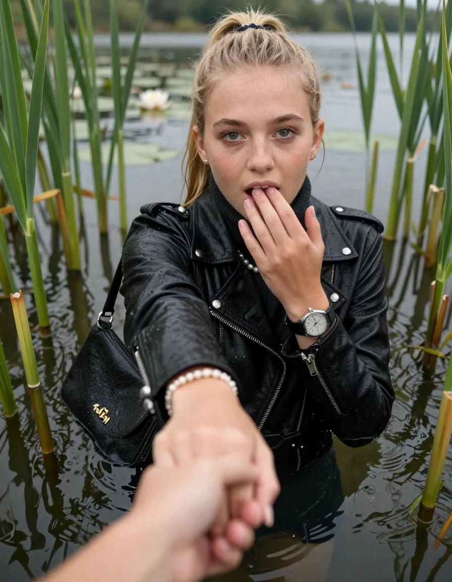 photo of young woman, in soaking wet, drenched clothes,
, , black biker leatherjacket,  knit turtleneck sweater, handbag, pearl necklace, bracelet, wristwatch , Emerging after diving in a lake with water lilies and reeds, 
enjoying, wet clothes stuck to body,
detailed textures of the wet clothes, wet face, wet plastered hair,
wet, drenched, professional, high-quality details, full body view.
sharp focus, ultra-high pixel detail, realistic, high-quality, full colors, incredibly detailed, 4k, 8k, 16k, hyper-realistic, RAW photo, masterpiece, ultra-detailed, professionally color graded, professional photograph, blonde Sleek long ponytail with hairband

15 years old  teenage girl

open mouth, big eyes. 0ne hand in her mouth, hold with the other the viewer's hand, pulling them toward the center of the water. Laying her breast and arms on the surface.  Whole body and shoulders are submerged under the surface. Looking at camera.

she is completely underwater up to her neck,  gasping expression.

She hides in the reeds.

her submerged clothes are hardly vusible under water, she soaked her handbag into the water

close up view, wet skin, wet clothes, wet hair, damp fabric, water runs down the clothes, wet skin, wet clothes, damp fabric, wet skin, wet clothes, damp fabric, wet skin, wet clothes, damp fabric, wet skin, wet clothes, damp fabric, wet skin, wet clothes, damp fabric, wet skin, wet clothes, damp fabric, wet skin, wet clothes, damp fabric, wet skin, wet clothes, damp fabric, wet skin, wet clothes, damp fabric, wet skin, wet clothes, damp fabric, wet skin, wet clothes, damp fabric, wet skin, wet clothes, damp fabric, wet skin, wet clothes, damp fabric, wet skin, wet clothes, damp fabric, wet skin, wet clothes, damp fabric, wet skin, wet clothes, damp fabric, wet skin, wet clothes, damp fabric, wet skin, wet clothes, damp fabric, wet skin, wet clothes, damp fabric