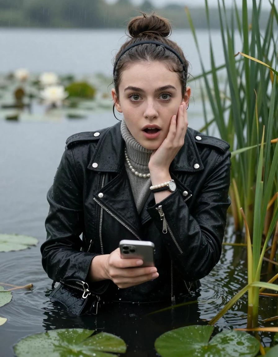 photo of young woman, in soaking wet, drenched clothes,
, , black biker leatherjacket,  knit turtleneck sweater, handbag, pearl necklace, bracelet, wristwatch , Emerging after diving in a lake with water lilies and reeds, rain , 
enjoying, wet clothes stuck to body,
detailed textures of the wet clothes, wet face, wet plastered hair,
wet, drenched, professional, high-quality details, full body view.
sharp focus, ultra-high pixel detail, realistic, high-quality, full colors, incredibly detailed, 4k, 8k, 16k, hyper-realistic, RAW photo, masterpiece, ultra-detailed, professionally color graded, professional photograph, Sleek bun with hairband

19 years old  teenage girl

open mouth, big eyes, cover her chin with a hand and in the other hand her smartphone. Laying her breast on the surface.  Looking at camera.

she is completely underwater up to her neck, afraid and astonished expression.

She hides in the reeds and is surprised by spectators

her submerged clothes are hardly vusible under water, she soaked her handbag into the water

close up view, wet skin, wet clothes, wet hair, damp fabric, water runs down the clothes, wet skin, wet clothes, damp fabric, wet skin, wet clothes, damp fabric, wet skin, wet clothes, damp fabric, wet skin, wet clothes, damp fabric, wet skin, wet clothes, damp fabric, wet skin, wet clothes, damp fabric, wet skin, wet clothes, damp fabric, wet skin, wet clothes, damp fabric, wet skin, wet clothes, damp fabric, wet skin, wet clothes, damp fabric, wet skin, wet clothes, damp fabric, wet skin, wet clothes, damp fabric, wet skin, wet clothes, damp fabric, wet skin, wet clothes, damp fabric, wet skin, wet clothes, damp fabric, wet skin, wet clothes, damp fabric, wet skin, wet clothes, damp fabric