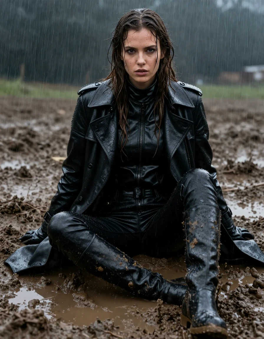 A photorealistic medium shot of a young adult European woman with long dripping wet brown hair, sitting in a messy mud pit during a heavy rainstorm. She is wearing a black leather polar neck shirt, a black leather trench coat, and matching black leather gloves. She wears black leather jeans tucked into black leather knee-high boots. Her skin is slick with water and stained with mud, her hair is plastered to her face and shoulders, and her black leather clothing is saturated, featuring heavy wet folds, clinging texture, and intense specular highlights from the rain. The atmosphere is dark and stormy, with the woman covered in thick, caked-on mud from the surrounding muddy field. High-contrast cinematic lighting, hyper-detailed textures of wet leather and mud, sharp focus on the water droplets and slick surfaces, 8k resolution, professional photography.