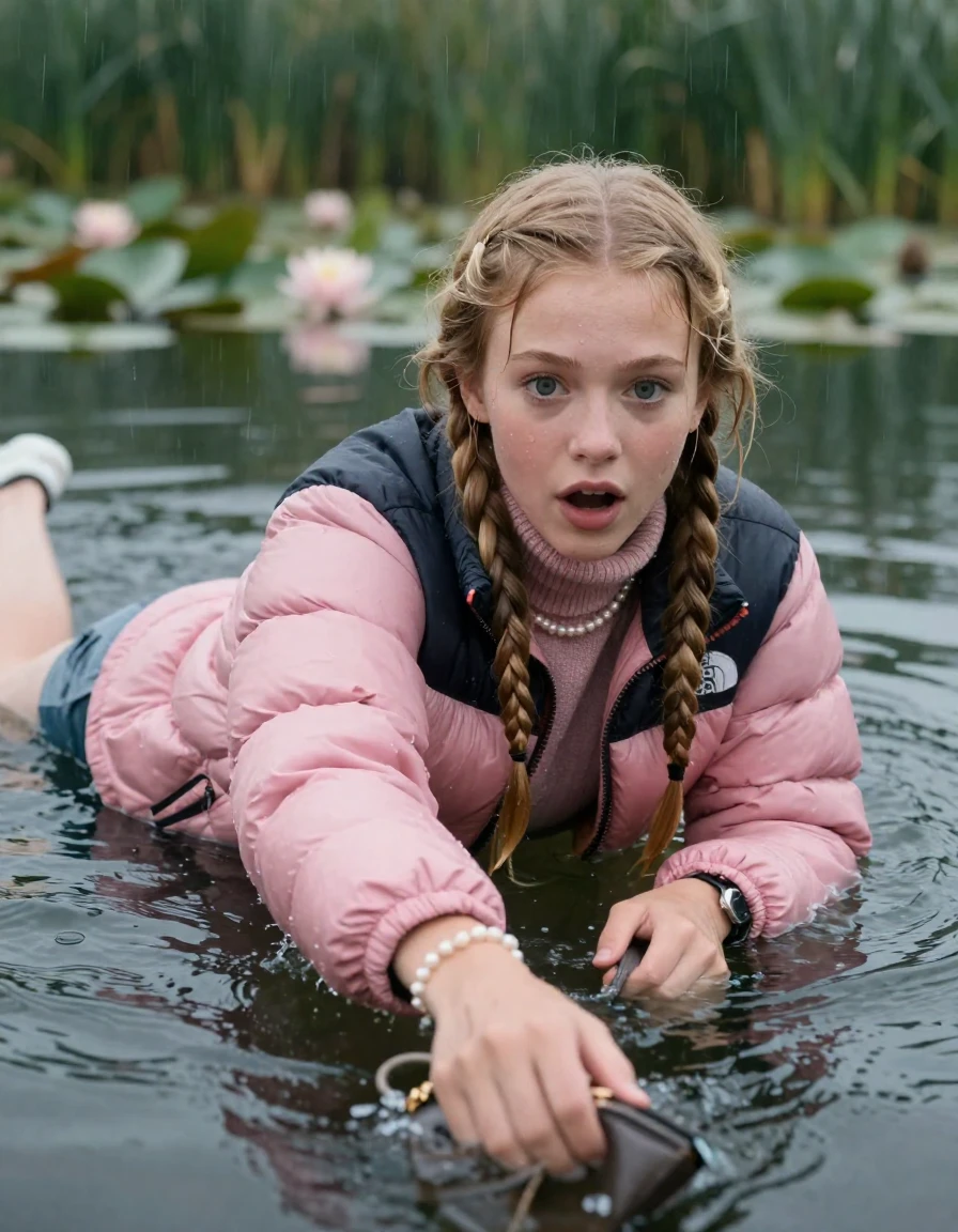 photo of young woman, in soaking wet, drenched clothes,
, , pink puffer down jacket from north face,  knit turtleneck sweater, handbag, pearl necklace, bracelet, wristwatch , swimming in a lake with water lilies and reeds, rain , 
enjoying, wet clothes stuck to body,
detailed textures of the wet clothes, wet face, wet plastered hair,
wet, drenched, professional, high-quality details, full body view.
sharp focus, ultra-high pixel detail, realistic, high-quality, full colors, incredibly detailed, 4k, 8k, 16k, hyper-realistic, RAW photo, masterpiece, ultra-detailed, professionally color graded, professional photograph, two blonde sleek long braids

19 years old  teenage girl, afraid and astonished expression.

open mouth, big eyes. hold with her hands the female viewer's hand, pulling them toward the center of the water. Laying her breast and arms on the surface.  Whole body and shoulders are submerged under the surface.

she is completely underwater up to her neck. leaning slightly forewards.

her submerged clothes are hardly vusible under water, she soaked her handbag into the water

close up view, wet skin, wet clothes, wet hair, damp fabric, water runs down the clothes, wet skin, wet clothes, damp fabric, wet skin, wet clothes, damp fabric, wet skin, wet clothes, damp fabric, wet skin, wet clothes, damp fabric, wet skin, wet clothes, damp fabric, wet skin, wet clothes, damp fabric, wet skin, wet clothes, damp fabric, wet skin, wet clothes, damp fabric, wet skin, wet clothes, damp fabric, wet skin, wet clothes, damp fabric, wet skin, wet clothes, damp fabric, wet skin, wet clothes, damp fabric, wet skin, wet clothes, damp fabric, wet skin, wet clothes, damp fabric, wet skin, wet clothes, damp fabric, wet skin, wet clothes, damp fabric, wet skin, wet clothes, damp fabric, wet skin, wet clothes, damp fabric, wet skin, wet clothes, damp fabric, wet skin, wet clothes, damp fabric