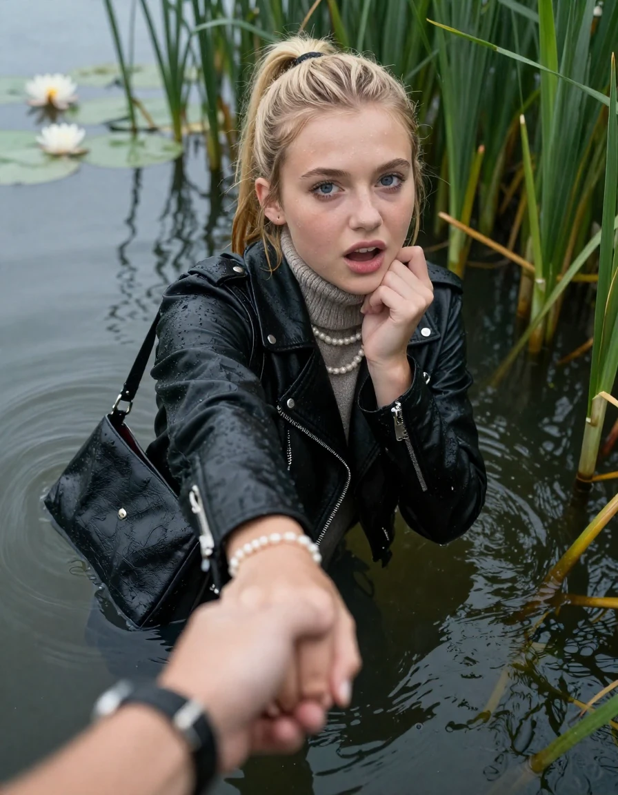 photo of young woman, in soaking wet, drenched clothes,
, , black biker leatherjacket,  knit turtleneck sweater, handbag, pearl necklace, bracelet, wristwatch , Emerging after diving in a lake with water lilies and reeds, rain , 
enjoying, wet clothes stuck to body,
detailed textures of the wet clothes, wet face, wet plastered hair,
wet, drenched, professional, high-quality details, full body view.
sharp focus, ultra-high pixel detail, realistic, high-quality, full colors, incredibly detailed, 4k, 8k, 16k, hyper-realistic, RAW photo, masterpiece, ultra-detailed, professionally color graded, professional photograph, blonde Sleek long ponytail with hairband

19 years old  teenage girl

open mouth, big eyes. 0ne hand on chin, hold with the other the viewer's hand, pulling them toward the center of the water. Laying her breast and arms on the surface.  Whole body and shoulders are submerged under the surface. Looking at camera.

she is completely underwater up to her neck,  gasping expression.

She hides in the reeds and is surprised by spectators

her submerged clothes are hardly vusible under water, she soaked her handbag into the water

close up view, wet skin, wet clothes, wet hair, damp fabric, water runs down the clothes, wet skin, wet clothes, damp fabric, wet skin, wet clothes, damp fabric, wet skin, wet clothes, damp fabric, wet skin, wet clothes, damp fabric, wet skin, wet clothes, damp fabric, wet skin, wet clothes, damp fabric, wet skin, wet clothes, damp fabric, wet skin, wet clothes, damp fabric, wet skin, wet clothes, damp fabric, wet skin, wet clothes, damp fabric, wet skin, wet clothes, damp fabric, wet skin, wet clothes, damp fabric, wet skin, wet clothes, damp fabric, wet skin, wet clothes, damp fabric, wet skin, wet clothes, damp fabric, wet skin, wet clothes, damp fabric, wet skin, wet clothes, damp fabric, wet skin, wet clothes, damp fabric