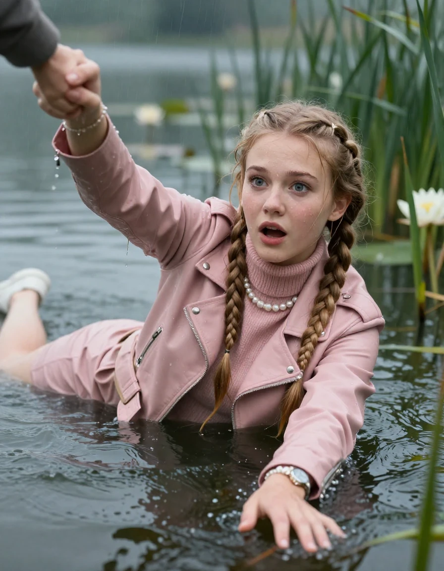 photo of young woman, in soaking wet, drenched clothes,
, , light pink biker leatherjacket,  knit turtleneck sweater, handbag, pearl necklace, bracelet, wristwatch , Emerging after falling in a lake with water lilies and reeds, rain , 
enjoying, wet clothes stuck to body,
detailed textures of the wet clothes, wet face, wet plastered hair,
wet, drenched, professional, high-quality details, full body view.
sharp focus, ultra-high pixel detail, realistic, high-quality, full colors, incredibly detailed, 4k, 8k, 16k, hyper-realistic, RAW photo, masterpiece, ultra-detailed, professionally color graded, professional photograph, two blonde sleek long braids

19 years old  teenage girl, afraid and astonished expression.

open mouth, big eyes. hold with her hands the female viewer's hand, pulling them toward the center of the water. Laying her breast and arms on the surface.  Whole body and shoulders are submerged under the surface.

she is completely underwater up to her neck. leaning slightly forewards.

her submerged clothes are hardly vusible under water, she soaked her handbag into the water

close up view, wet skin, wet clothes, wet hair, damp fabric, water runs down the clothes, wet skin, wet clothes, damp fabric, wet skin, wet clothes, damp fabric, wet skin, wet clothes, damp fabric, wet skin, wet clothes, damp fabric, wet skin, wet clothes, damp fabric, wet skin, wet clothes, damp fabric, wet skin, wet clothes, damp fabric, wet skin, wet clothes, damp fabric, wet skin, wet clothes, damp fabric, wet skin, wet clothes, damp fabric, wet skin, wet clothes, damp fabric, wet skin, wet clothes, damp fabric, wet skin, wet clothes, damp fabric, wet skin, wet clothes, damp fabric, wet skin, wet clothes, damp fabric, wet skin, wet clothes, damp fabric, wet skin, wet clothes, damp fabric, wet skin, wet clothes, damp fabric, wet skin, wet clothes, damp fabric
