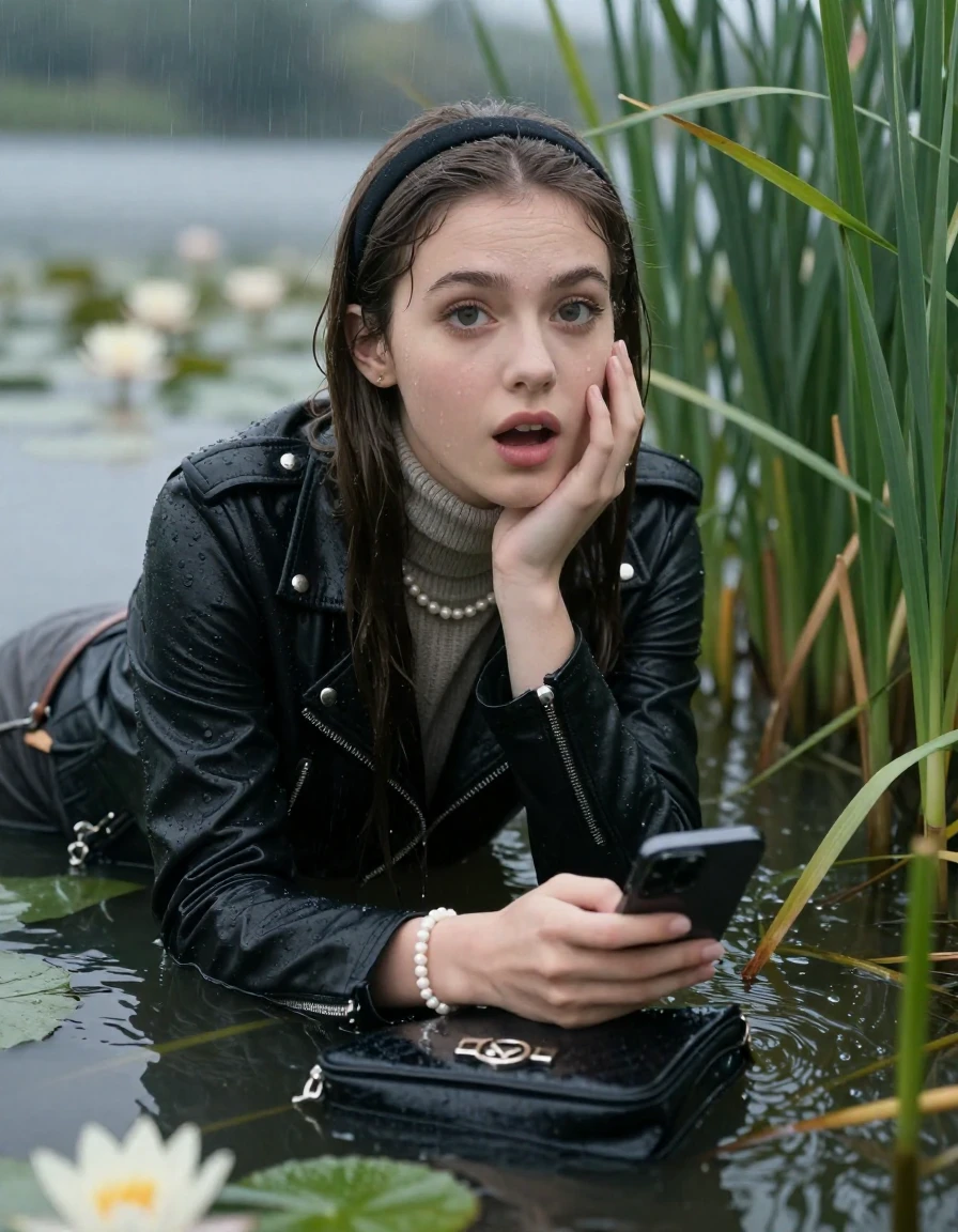 photo of young woman, in soaking wet, drenched clothes,
, , black biker leatherjacket,  knit turtleneck sweater, handbag, pearl necklace, bracelet, wristwatch , Emerging after diving in a lake with water lilies and reeds, rain , 
enjoying, wet clothes stuck to body,
detailed textures of the wet clothes, wet face, wet plastered hair,
wet, drenched, professional, high-quality details, full body view.
sharp focus, ultra-high pixel detail, realistic, high-quality, full colors, incredibly detailed, 4k, 8k, 16k, hyper-realistic, RAW photo, masterpiece, ultra-detailed, professionally color graded, professional photograph, Sleek long straight hair with hairband

19 years old  teenage girl

open mouth, big eyes, cover her chin with a hand and in the other hand her smartphone. Laying her breast on the surface.  Looking at camera.

she is completely underwater up to her neck, afraid and astonished expression.

She hides in the reeds and is surprised by spectators

her submerged clothes are hardly vusible under water, she soaked her handbag into the water

close up view, wet skin, wet clothes, wet hair, damp fabric, water runs down the clothes, wet skin, wet clothes, damp fabric, wet skin, wet clothes, damp fabric, wet skin, wet clothes, damp fabric, wet skin, wet clothes, damp fabric, wet skin, wet clothes, damp fabric, wet skin, wet clothes, damp fabric, wet skin, wet clothes, damp fabric, wet skin, wet clothes, damp fabric, wet skin, wet clothes, damp fabric, wet skin, wet clothes, damp fabric, wet skin, wet clothes, damp fabric, wet skin, wet clothes, damp fabric, wet skin, wet clothes, damp fabric, wet skin, wet clothes, damp fabric, wet skin, wet clothes, damp fabric, wet skin, wet clothes, damp fabric, wet skin, wet clothes, damp fabric