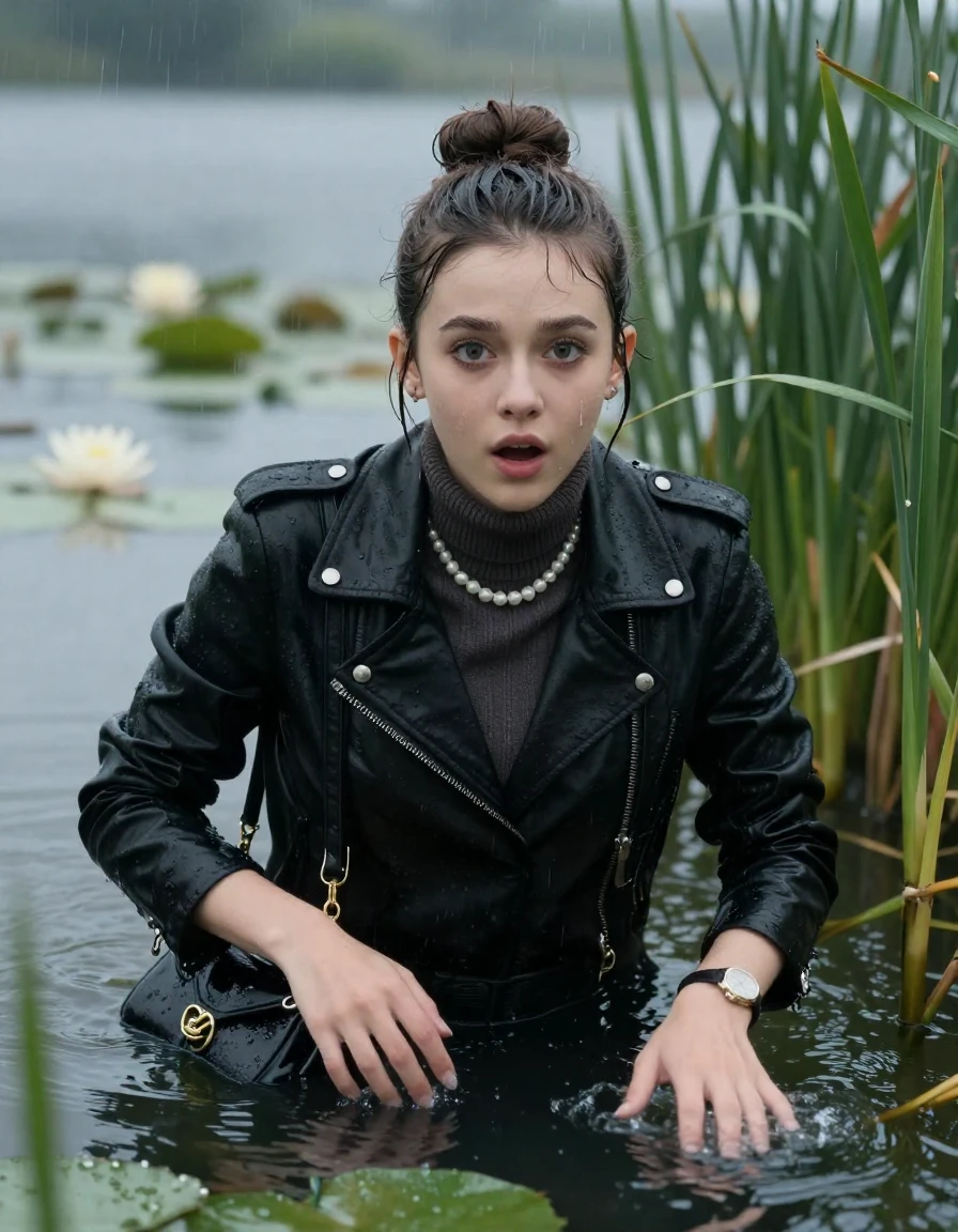 photo of young woman, in soaking wet, drenched clothes,
, , black biker leatherjacket,  knit turtleneck sweater, handbag, pearl necklace, bracelet, wristwatch , Emerging after diving in a lake with water lilies and reeds, rain , 
enjoying, wet clothes stuck to body,
detailed textures of the wet clothes, wet face, wet plastered hair,
wet, drenched, professional, high-quality details, full body view.
sharp focus, ultra-high pixel detail, realistic, high-quality, full colors, incredibly detailed, 4k, 8k, 16k, hyper-realistic, RAW photo, masterpiece, ultra-detailed, professionally color graded, professional photograph, Sleek bun 

19 years old  teenage girl

open mouth, big eyes, Laying her breast and arms on the surface.  Whole body and shoulders are submerged under the surface. Looking at camera.

she is completely underwater up to her neck, afraid and astonished expression.

She hides in the reeds and is surprised by spectators

her submerged clothes are hardly vusible under water, she soaked her handbag into the water

close up view, wet skin, wet clothes, wet hair, damp fabric, water runs down the clothes, wet skin, wet clothes, damp fabric, wet skin, wet clothes, damp fabric, wet skin, wet clothes, damp fabric, wet skin, wet clothes, damp fabric, wet skin, wet clothes, damp fabric, wet skin, wet clothes, damp fabric, wet skin, wet clothes, damp fabric, wet skin, wet clothes, damp fabric, wet skin, wet clothes, damp fabric, wet skin, wet clothes, damp fabric, wet skin, wet clothes, damp fabric, wet skin, wet clothes, damp fabric, wet skin, wet clothes, damp fabric, wet skin, wet clothes, damp fabric, wet skin, wet clothes, damp fabric, wet skin, wet clothes, damp fabric, wet skin, wet clothes, damp fabric
