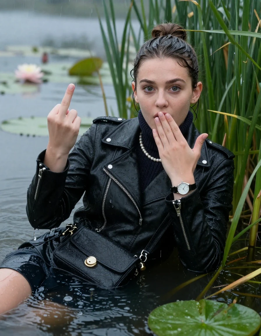 photo of young woman, in soaking wet, drenched clothes,
, , black biker leatherjacket,  knit turtleneck sweater, handbag, pearl necklace, bracelet, wristwatch , Emerging after diving in a lake with water lilies and reeds, rain , 
enjoying, wet clothes stuck to body,
detailed textures of the wet clothes, wet face, wet plastered hair,
wet, drenched, professional, high-quality details, full body view.
sharp focus, ultra-high pixel detail, realistic, high-quality, full colors, incredibly detailed, 4k, 8k, 16k, hyper-realistic, RAW photo, masterpiece, ultra-detailed, professionally color graded, professional photograph, Sleek bun 

19 years old  teenage girl

open mouth, big eyes. 0ne hand over mouth, a hand raised with the middle finger up. Laying her breast and arms on the surface.  Whole body and shoulders are submerged under the surface. Looking at camera.

she is completely underwater up to her neck, afraid and astonished expression.

She hides in the reeds and is surprised by spectators

her submerged clothes are hardly vusible under water, she soaked her handbag into the water

close up view, wet skin, wet clothes, wet hair, damp fabric, water runs down the clothes, wet skin, wet clothes, damp fabric, wet skin, wet clothes, damp fabric, wet skin, wet clothes, damp fabric, wet skin, wet clothes, damp fabric, wet skin, wet clothes, damp fabric, wet skin, wet clothes, damp fabric, wet skin, wet clothes, damp fabric, wet skin, wet clothes, damp fabric, wet skin, wet clothes, damp fabric, wet skin, wet clothes, damp fabric, wet skin, wet clothes, damp fabric, wet skin, wet clothes, damp fabric, wet skin, wet clothes, damp fabric, wet skin, wet clothes, damp fabric, wet skin, wet clothes, damp fabric, wet skin, wet clothes, damp fabric, wet skin, wet clothes, damp fabric, wet skin, wet clothes, damp fabric