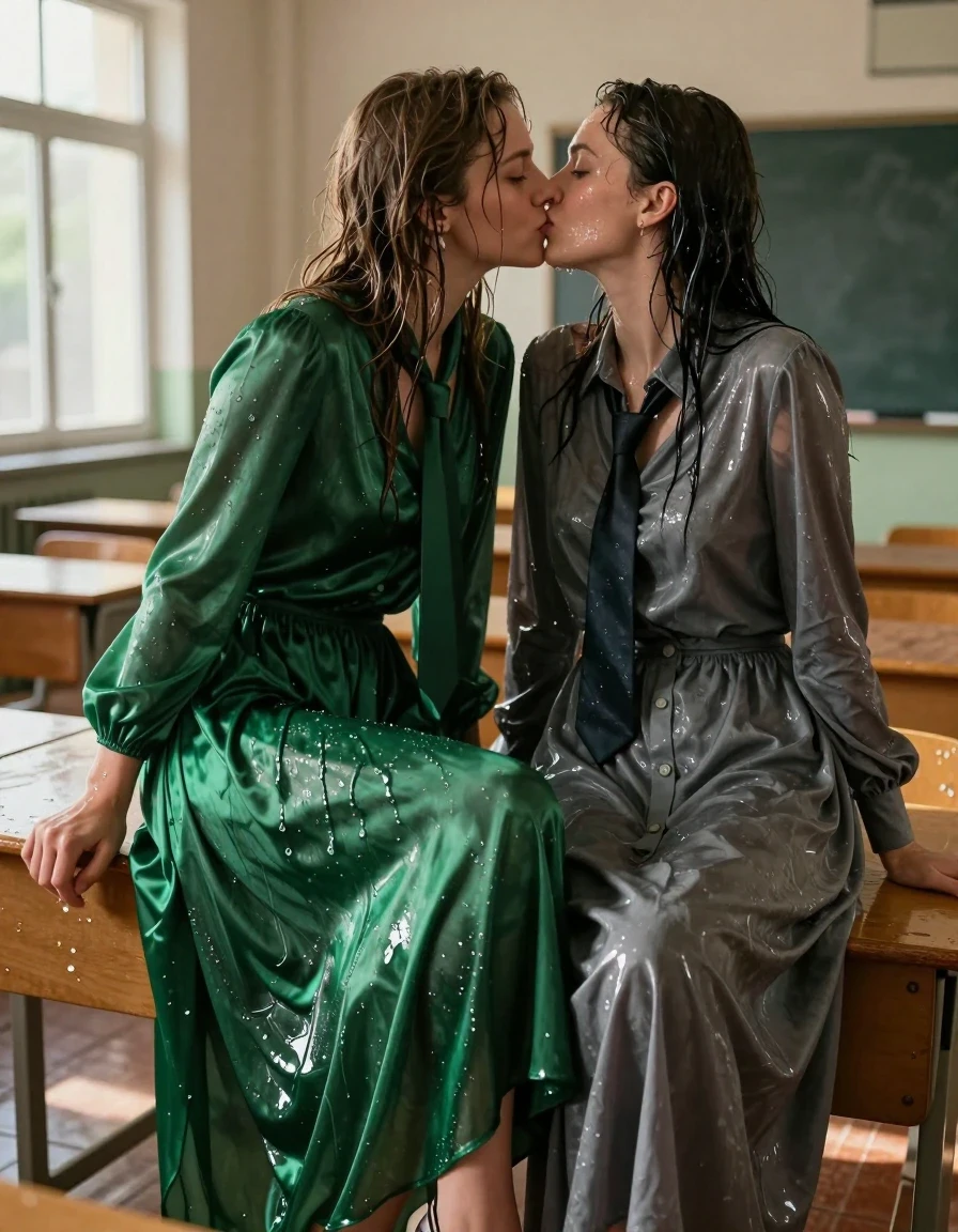 A hyper-realistic, photorealistic medium shot of two young adult European women passionately kissing in an empty, sun-drenched classroom. The first woman wears an oversized, long-sleeved silk green maxi dress with a bowtie and elegant heels, her hair and dress drenched in water, with the silk appearing darker, heavy, clingy, and translucent with a wet sheen. The second woman wears a grey buttoned-down long-sleeved maxi dress with a necktie, her hair and fabric also soaking wet, clinging to her skin with deep, saturated patches and glossy highlights. Both women have wet skin, glistening faces, and damp hair. The classroom features wooden desks and sunlight streaming through large windows, creating dramatic lighting that emphasizes the reflective, wet textures of the silk fabrics. Cinematic lighting, 8k resolution, detailed skin pores, water droplets, realistic fabric folds, and intense emotional interaction.
