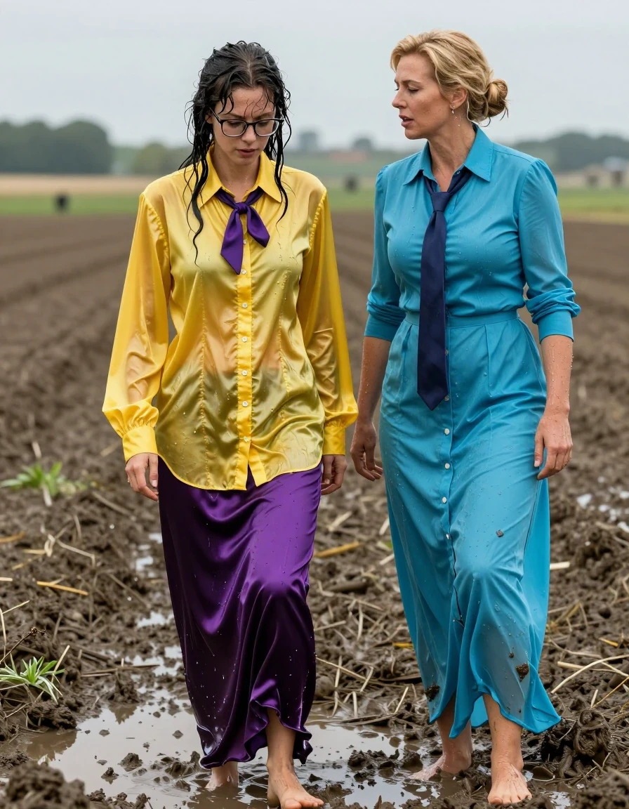 photo of young woman, in soaking wet, drenched clothes,
barefoot, satin purple maxi skirt, oversized long sleeved silk yellow buttoned-down blouse with purple bowtie, glasses, muddy fields, 
enjoying, wet clothes stuck to body,
detailed textures of the wet clothes, wet face, wet plastered hair,
wet, drenched, professional, high-quality details, full body view.
sharp focus, ultra-high pixel detail, realistic, high-quality, full colors, incredibly detailed, 4k, 8k, 16k, hyper-realistic, RAW photo, masterpiece, ultra-detailed, professionally color graded, professional photograph, S&M: two lesbian teachers: the nerdy young woman the her 30s in the yellow shirt is the servant in a muddy puddle and another muscular blonde woman, the master wearing a long-sleeved buttoned-down cyan maxi dress with a necktie, wet skin, wet clothes, damp fabric, wet skin, wet clothes, damp fabric, wet skin, wet clothes, damp fabric