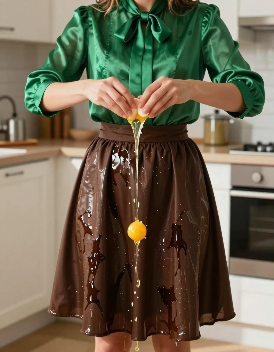 A photorealistic medium shot of a young adult European woman in a sunlit kitchen, standing at a counter. She is wearing a vibrant silk green blouse with a tied bowtie and a heavy brown skirt layered over a full petticoat. She is in the process of cracking raw eggs over her outfit, resulting in her clothing being thoroughly soaked in viscous egg yolk and white. The silk blouse is clinging to her skin, darkened by the liquid, showing translucent wet patches and a high-sheen, slimy texture. The heavy brown skirt is saturated, showing deep, uneven dark blotches where the egg has soaked deep into the fabric, creating heavy, wet folds and a glossy, viscous coating. Her bare feet are visible on the kitchen floor. The lighting is bright and natural, highlighting the dripping, wet texture of the egg-soaked fabric and the sharp, specular reflections on the viscous surface. High-detail, 8k, cinematic photography, realistic skin texture, intricate fabric folds.