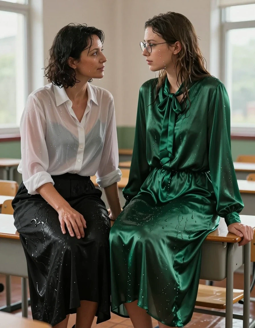 A photorealistic medium shot of a young adult European woman wearing an oversized long-sleeved silk green maxi dress with a bowtie and glasses, her skin and clothing drenched in water. The silk fabric is clinging to her body, dark and saturated with deep green tones, showing heavy wet folds and a high-gloss water sheen. She is positioned face-sitting on a woman in her 40s who is wearing a long-sleeved white blouse and a long black skirt, both of which are also soaked, showing damp fabric, clinging silhouettes, and dark water-saturated patches. The scene takes place in an empty classroom with natural light filtering through windows, highlighting the wet skin and the reflective, damp texture of the clothing. The composition is intimate and cinematic, captured with a sharp focus on the wet fabric textures, water droplets on skin, and the realistic interaction between the two subjects.