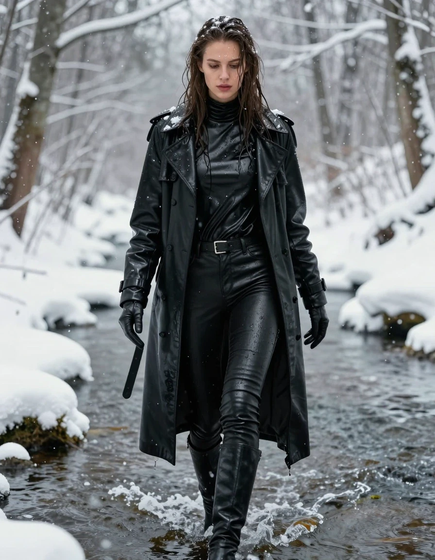 A stunning, photorealistic full-body shot of a young adult European woman with long, dripping wet brown hair and glistening wet skin. She is dressed in an ensemble of black leather: an oversize black leather polar neck shirt, black leather gloves, a long black leather trench coat, and tight black leather jeans tucked into black leather knee-high boots. All leather garments are visibly saturated, featuring heavy wet folds, clinging textures, and a high-gloss water sheen reflecting the surrounding environment. The subject is walking through a shallow, icy river within a dense, snow-covered forest during a heavy snowfall. The clothing and hair are heavily coated in melting snow and water, with deep, dark, wet patches and glistening highlights on the leather surfaces. The atmosphere is cold and wintry, with snow resting on her shoulders and clothing. High-contrast cinematic lighting captures the texture of the wet leather and the icy environment, sharp focus, 8k resolution, hyper-detailed, realistic skin texture.