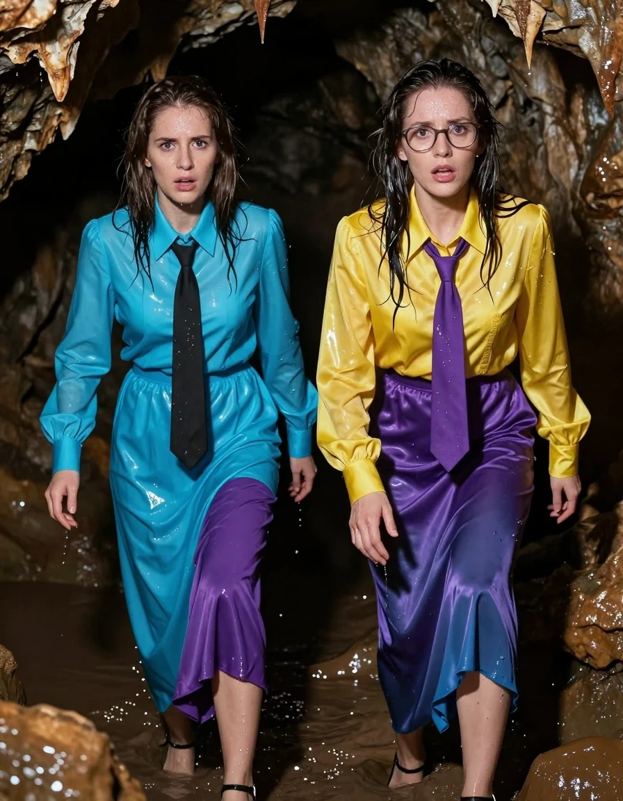 photo of young woman, in soaking wet, drenched clothes,
heels, 1st woman: satin purple maxi skirt 2nd: a long-sleeved buttoned-down cyan maxi dress with a necktie, 1st woman: oversized long sleeved silk yellow buttoned-down blouse with purple bowtie, glasses; 2nd: a long-sleeved buttoned-down cyan maxi dress with a black necktie, flooded cave, 
enjoying, wet clothes stuck to body,
detailed textures of the wet clothes, wet face, wet plastered hair,
wet, drenched, professional, high-quality details, full body view.
sharp focus, ultra-high pixel detail, realistic, high-quality, full colors, incredibly detailed, 4k, 8k, 16k, hyper-realistic, RAW photo, masterpiece, ultra-detailed, professionally color graded, professional photograph, two nerdy teachers trying to crawl out of the damp cave, scared, wet skin, wet clothes, damp fabric