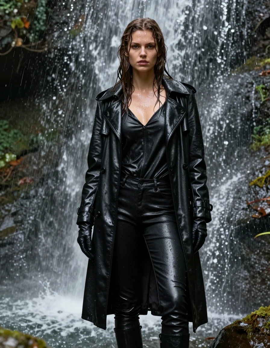 A photorealistic medium shot of a young adult European woman with long, dripping wet brown hair, standing directly under a cascading forest waterfall. Her skin is drenched with visible water sheen and rivulets, wearing an oversize black leather polar neck shirt, black leather jeans, black leather knee-high boots, and black leather gloves on both hands, topped with a heavy black leather trench coat. The leather garments are completely saturated, showing deep, dark tones, heavy wet folds, and intense glossy specular highlights where the water clings to the material. The model is fully clothed, with no nudity, maintaining a composed expression as water cascades over her. The setting is a lush, shadowed forest environment with mist and wet rocks in the background. The lighting is natural, diffused daylight, emphasizing the high-contrast textures of the drenched leather and the glistening wet skin, captured with high-speed photography to freeze the falling water droplets.