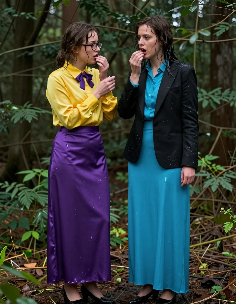photo of young woman, in soaking wet, drenched clothes,
heels, 1st woman: servant, satin purple maxi skirt 2nd: master black tuxedo jacket, a long-sleeved nylon buttoned-down cyan maxi dress, 1st woman: servant, oversized long sleeved silk yellow buttoned-down blouse with purple bowtie, glasses; 2nd: master, black tuxedo jacket,  a long-sleeved nylon buttoned-down cyan maxi dress, forest, inside a bush, 
enjoying, wet clothes stuck to body,
detailed textures of the wet clothes, wet face, wet plastered hair,
wet, drenched, professional, high-quality details, full body view.
sharp focus, ultra-high pixel detail, realistic, high-quality, full colors, incredibly detailed, 4k, 8k, 16k, hyper-realistic, RAW photo, masterpiece, ultra-detailed, professionally color graded, professional photograph, two nerdy lesbian teachers playing master and servant, wet skin, wet clothes, damp fabric