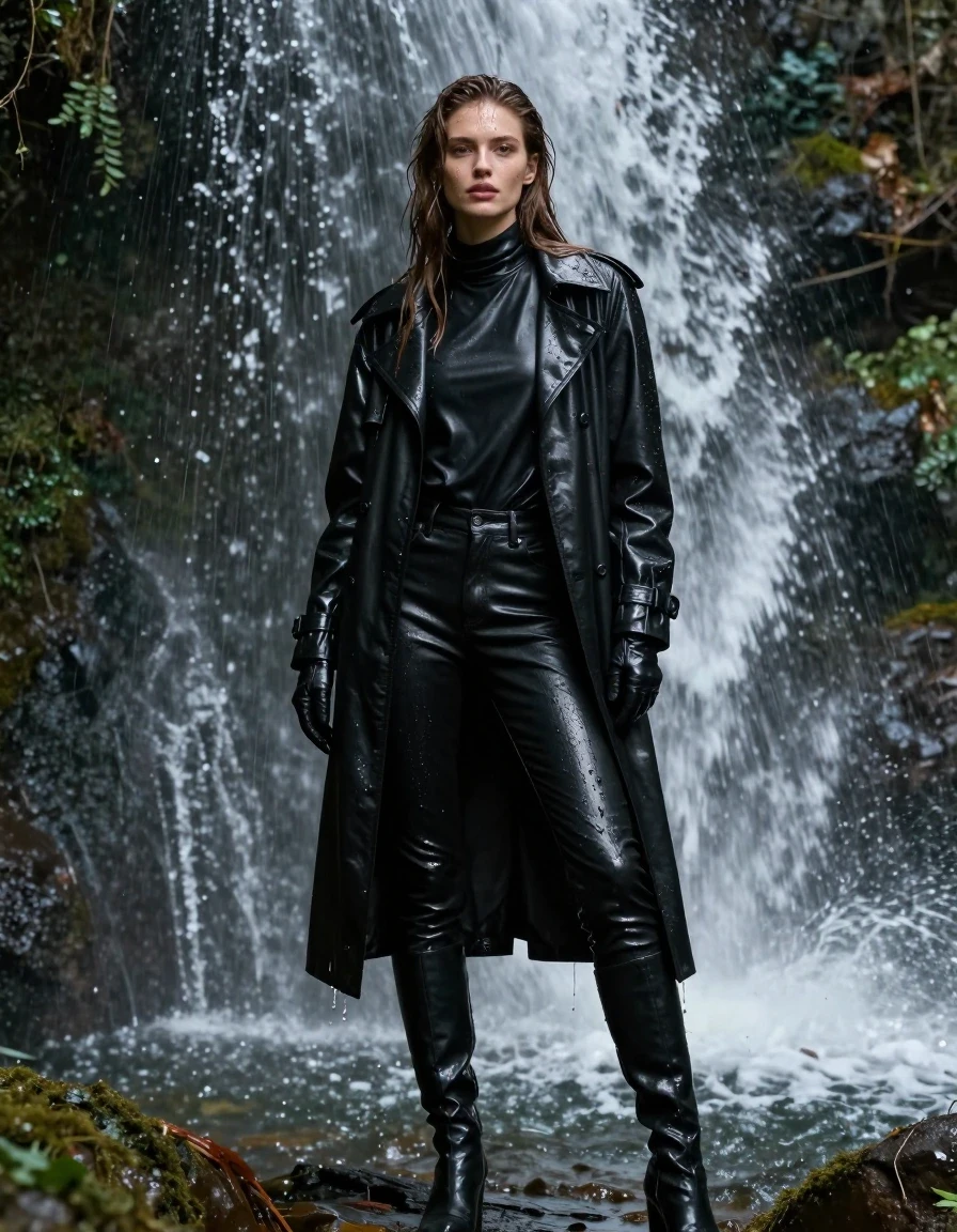 A stunning, photorealistic portrait of a young adult European woman with long, dripping wet brown hair, standing directly under a powerful forest waterfall. Her skin is glistening with water, and she is fully drenched. She is wearing an oversized black leather polar neck shirt, sleek black leather jeans that cling to her legs, a long black leather trench coat, and black leather gloves on both hands. On her feet, she wears black leather knee-high boots. The leather garments are heavily saturated, showing deep wet sheen, darkened tones, and water running down the surfaces. The scene is set in a lush, misty forest with water cascading over her, creating a heavy, soaked aesthetic. High-contrast lighting captures the specular highlights on the wet leather and damp skin. The image is captured in sharp focus with professional cinematic photography, emphasizing the texture of the wet fabric and the surrounding natural environment. No nudity, clean anatomy, fully clothed, modest attire.
