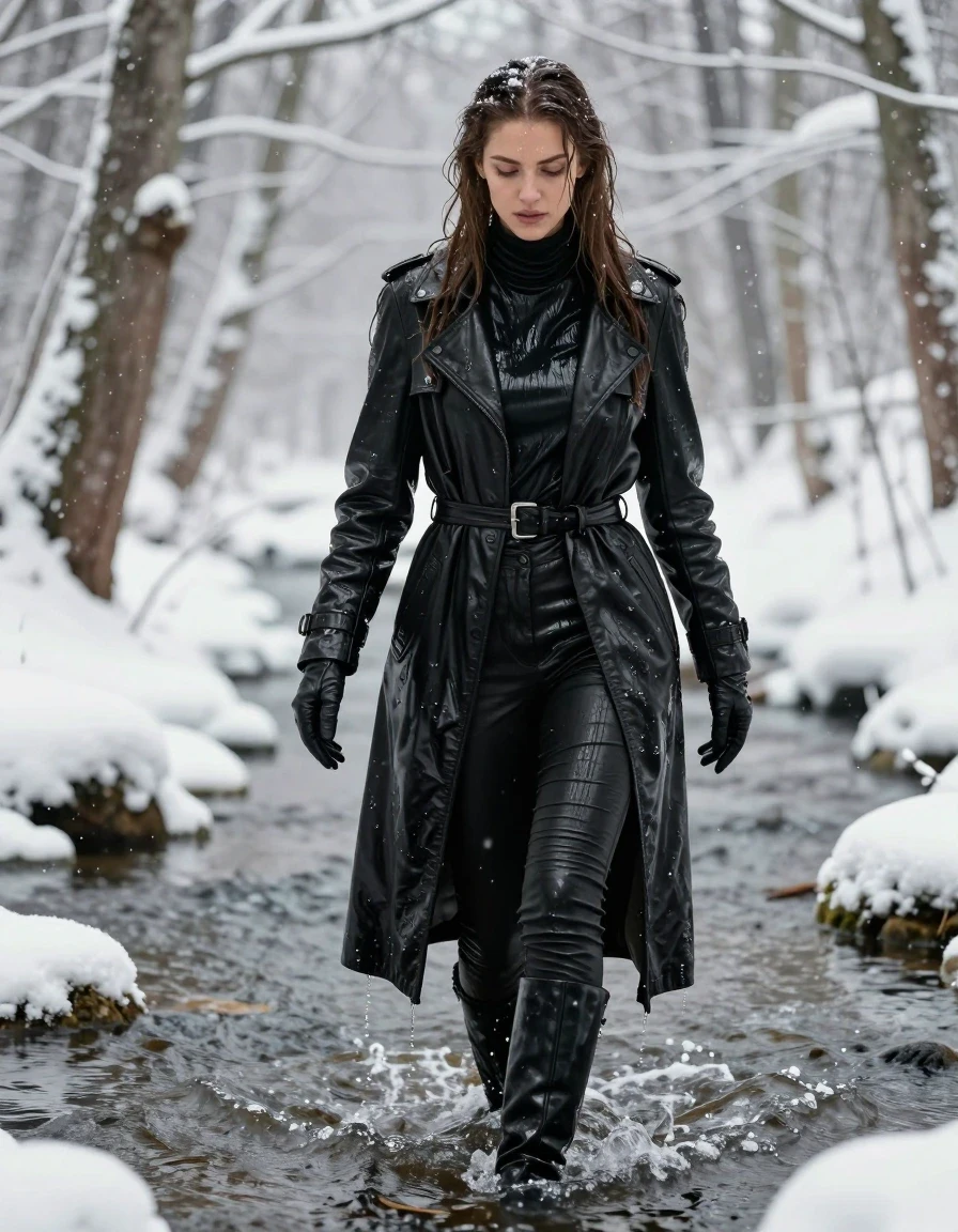 A stunning young adult European woman with long, dripping wet brown hair and glistening wet skin, walking through a shallow river in a dense, snow-covered forest during a heavy snowfall. She is wearing an oversize black leather polar neck shirt, black leather gloves, a long black leather trench coat, and tight black leather jeans tucked into black leather knee-high boots. Her clothing is visibly soaked, featuring heavy, clinging wet leather textures, deep folds, and a high-gloss sheen from the melting snow and water. The fabric is darkened by saturation, with water streaks and icy slush clinging to the surfaces. The environment is a freezing, winter woodland, with thick snow coating the trees and riverbanks. The atmosphere is cold and atmospheric, captured with a sharp focus on the wet textures and the contrast between the dark, reflective leather and the bright white snow. High-resolution, photorealistic, 8k, cinematic lighting, dramatic depth of field.
