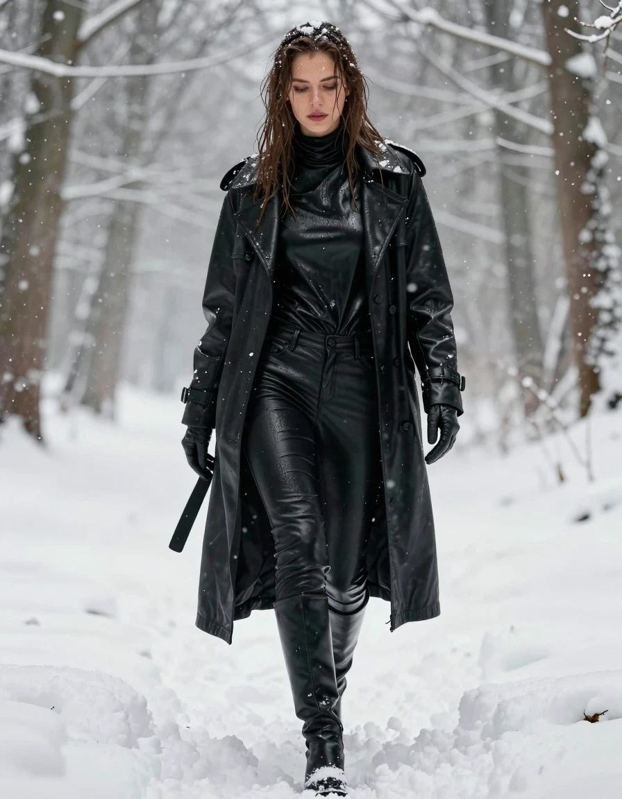 A photorealistic full-body shot of a young adult European woman with long, dripping wet brown hair, her skin glistening with a heavy water sheen and moisture. She is walking through a dense, snow-covered forest during a heavy snowstorm, with snowflakes clinging to her wet hair and skin. She is dressed in an oversized black leather polar neck shirt, a long black leather trench coat, and black leather gloves on both hands. She wears black leather jeans that cling to her legs, showing deep wet folds and a high-gloss sheen from the saturation. She wears black leather knee-high boots that are slick with melting snow. The clothing is visibly damp, heavy, and saturated, with water clinging to the leather textures. The environment is a freezing, atmospheric winter woodland with deep snow drifts and swirling snow particles. High-contrast cinematic lighting, sharp focus on the wet textures and fabric folds, 8k resolution, highly detailed, clean anatomy, no nudity.
