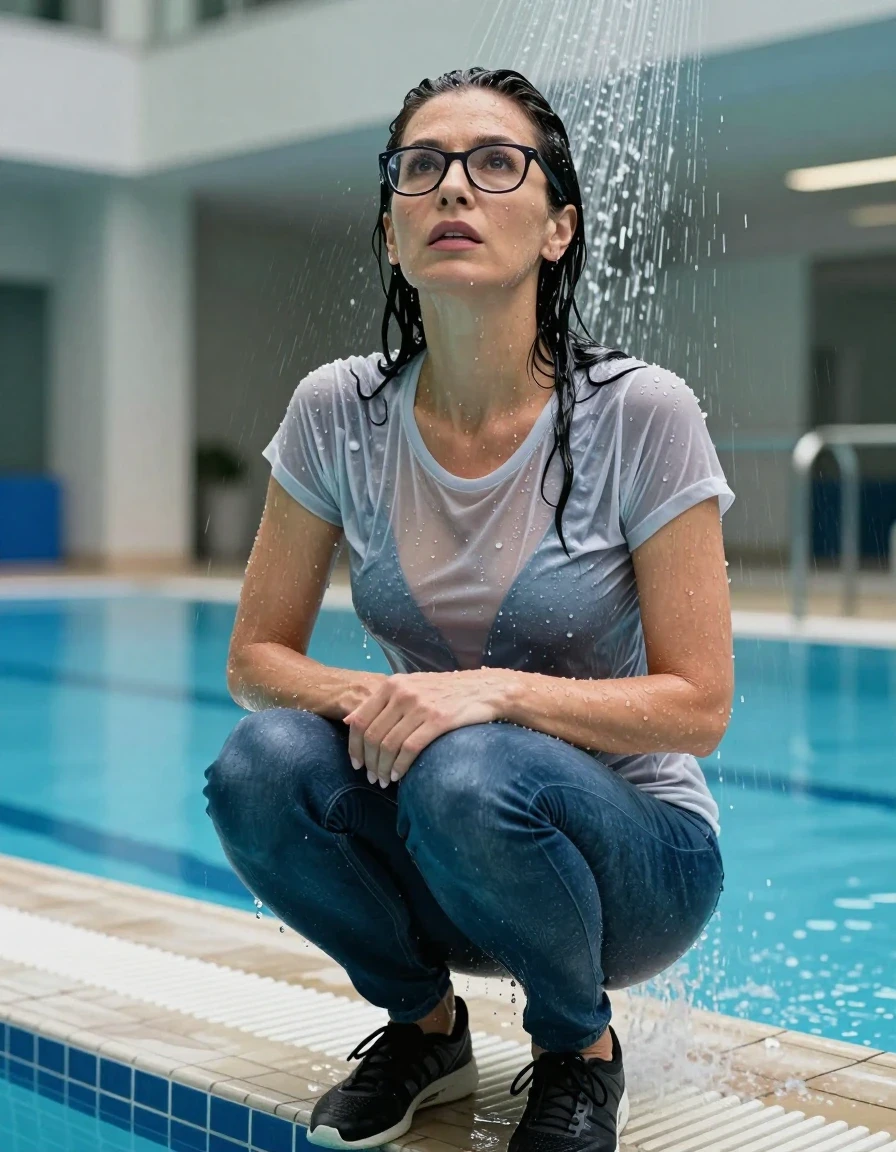 photo of young woman, in soaking wet, drenched clothes,
sport shoes, blue jeans, gray t-shirt, taking shower after swim in indoor swimming pool, enjoying wet clothes stuck body, enjoying, wet clothes stuck to body, 
enjoying, wet clothes stuck to body,
detailed textures of the wet clothes, wet face, wet plastered hair,
wet, drenched, professional, high-quality details, full body view.
sharp focus, ultra-high pixel detail, realistic, high-quality, full colors, incredibly detailed, 4k, 8k, 16k, hyper-realistic, RAW photo, masterpiece, ultra-detailed, professionally color graded, professional photograph, europen brunette skinny woman 50 years old, long dark black hair, very big and thick lips,  office glasses, complete body, wet skin, wet clothes, damp fabric, wet skin, wet clothes, damp fabric, wet skin, wet clothes, damp fabric, wet skin, wet clothes, damp fabric, wet skin, wet clothes, damp fabric