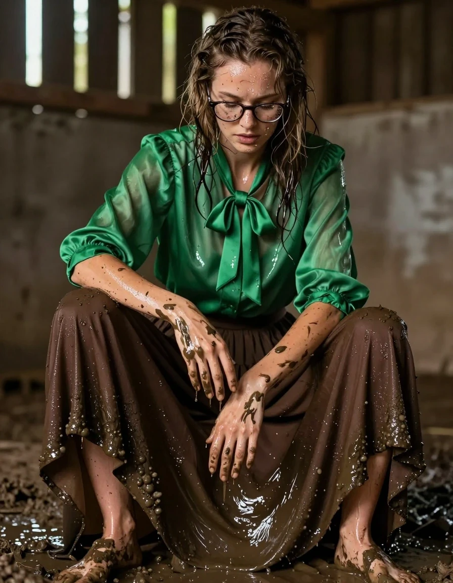 A photorealistic medium shot of a young adult European woman with wet, matted hair and glistening, damp skin, enthusiastically smearing thick, dark mud over her arms and face. She is wearing an oversized, long-sleeved silk green blouse with a prominent bowtie, the fabric clinging to her frame in heavy, translucent, wet folds with deep saturation and high-gloss liquid reflections. Beneath, she wears a maxi brown skirt with a visible, sodden petticoat that hangs heavy with absorbed moisture. She is barefoot, with mud-streaked legs and feet standing on the floor of a rustic barn. She wears glasses that are splattered with mud and water droplets. The lighting is natural, dim, and directional, filtering through barn slats to highlight the wet sheen on her skin and the texture of the mud. Sharp focus, high-fidelity skin pores, realistic wet fabric physics, cinematic composition.