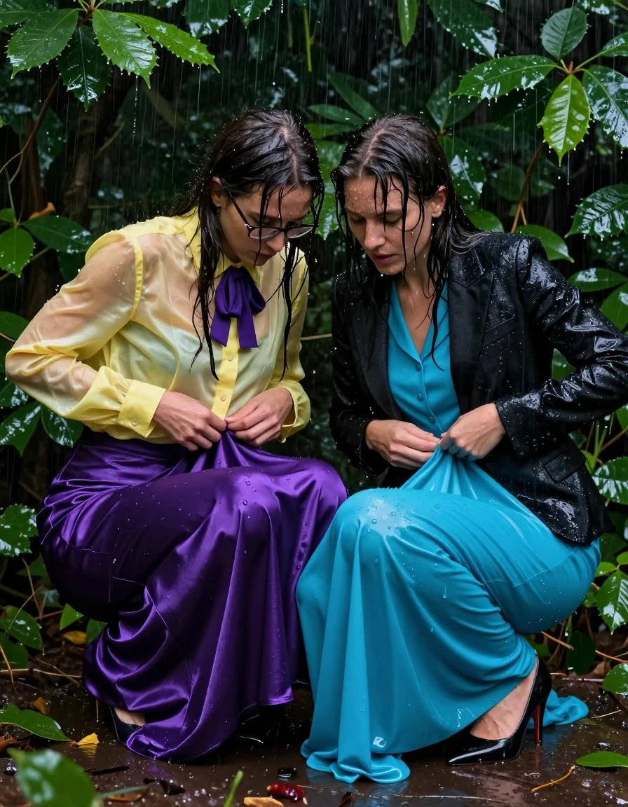 Photorealistic cinematic shot of two nerdy European female teachers hiding deep inside a dense forest, crouched within a thick, lush bush. The first woman wears an oversized long-sleeved silk yellow buttoned-down blouse with a purple bowtie and glasses, paired with a satin purple maxi skirt and heels. The second woman wears a black tuxedo jacket over a long-sleeved nylon buttoned-down cyan maxi dress and heels. Both women are passionately unbuttoning their clothes in a state of frantic intimacy. The entire scene is drenched in a heavy downpour, resulting in soaking-wet skin and hair. The silk blouse is translucent and clinging to the skin, the satin skirt is heavy with water and dark, iridescent purple, the nylon cyan dress is saturated, clinging, and shimmering with high-gloss specular highlights, and the tuxedo jacket is water-logged and darkened. Water sheen covers their faces and limbs, with realistic droplets and rivulets. The environment is dark, moody, and atmospheric with wet, glistening foliage surrounding them. 8k resolution, highly detailed textures, sharp focus on the wet fabric folds and skin, cinematic lighting with glints of water catching the light, professional photography.