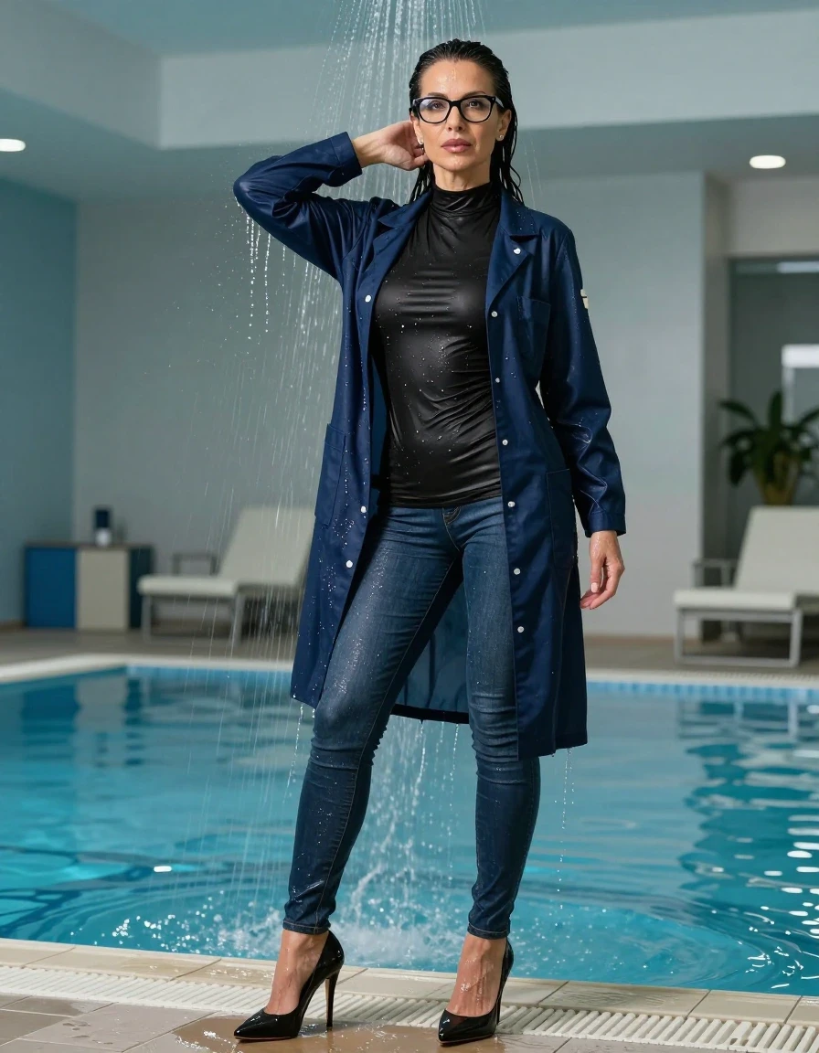 photo of young woman, in soaking wet, drenched clothes,
high-heeled butts, long tight shiny jeans, maxi high-neck black t-shirt dress, maxi dark blue labcoat with long sleeves, under shower indoor swimming pool, enjoying wet clothes stuck body, enjoying, wet clothes stuck to body, 
enjoying, wet clothes stuck to body,
detailed textures of the wet clothes, wet face, wet plastered hair,
wet, drenched, professional, high-quality details, full body view.
sharp focus, ultra-high pixel detail, realistic, high-quality, full colors, incredibly detailed, 4k, 8k, 16k, hyper-realistic, RAW photo, masterpiece, ultra-detailed, professionally color graded, professional photograph, europen brunette skinny woman 50 years old, long dark black hair, very big and thick lips,  office glasses, complete body, wet skin, wet clothes, damp fabric, wet skin, wet clothes, damp fabric, wet skin, wet clothes, damp fabric, wet skin, wet clothes, damp fabric, wet skin, wet clothes, damp fabric