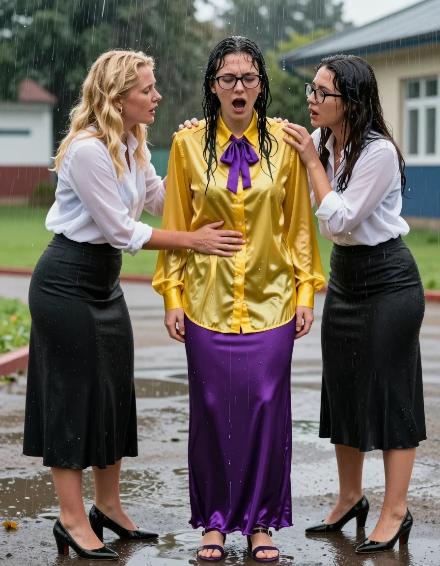 photo of young woman, in soaking wet, drenched clothes,
heels, satin purple maxi skirt, oversized long sleeved silk yellow buttoned-down blouse with purple bowtie, glasses, outside school during a thunderstorm, 
enjoying, wet clothes stuck to body,
detailed textures of the wet clothes, wet face, wet plastered hair,
wet, drenched, professional, high-quality details, full body view.
sharp focus, ultra-high pixel detail, realistic, high-quality, full colors, incredibly detailed, 4k, 8k, 16k, hyper-realistic, RAW photo, masterpiece, ultra-detailed, professionally color graded, professional photograph, two lesbian teachers: the woman in the yellow shirt is being humiliated in a puddle by another blonde woman wearing a long sleeved white blouse and a long black skirt, wet skin, wet clothes, damp fabric, wet skin, wet clothes, damp fabric, wet skin, wet clothes, damp fabric
