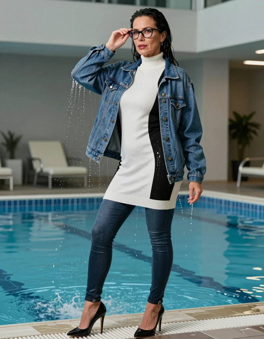 photo of young woman, in soaking wet, drenched clothes,
high-heeled butts, long tight shiny jeans, maxi high-neck white & black sweater dress, maxi blue denim down jacket, under shower indoor swimming pool, enjoying wet clothes stuck body, enjoying, wet clothes stuck to body, 
enjoying, wet clothes stuck to body,
detailed textures of the wet clothes, wet face, wet plastered hair,
wet, drenched, professional, high-quality details, full body view.
sharp focus, ultra-high pixel detail, realistic, high-quality, full colors, incredibly detailed, 4k, 8k, 16k, hyper-realistic, RAW photo, masterpiece, ultra-detailed, professionally color graded, professional photograph, europen brunette skinny woman 50 years old, long dark black hair, very big and thick lips,  office glasses, complete body, wet skin, wet clothes, damp fabric, wet skin, wet clothes, damp fabric, wet skin, wet clothes, damp fabric, wet skin, wet clothes, damp fabric, wet skin, wet clothes, damp fabric