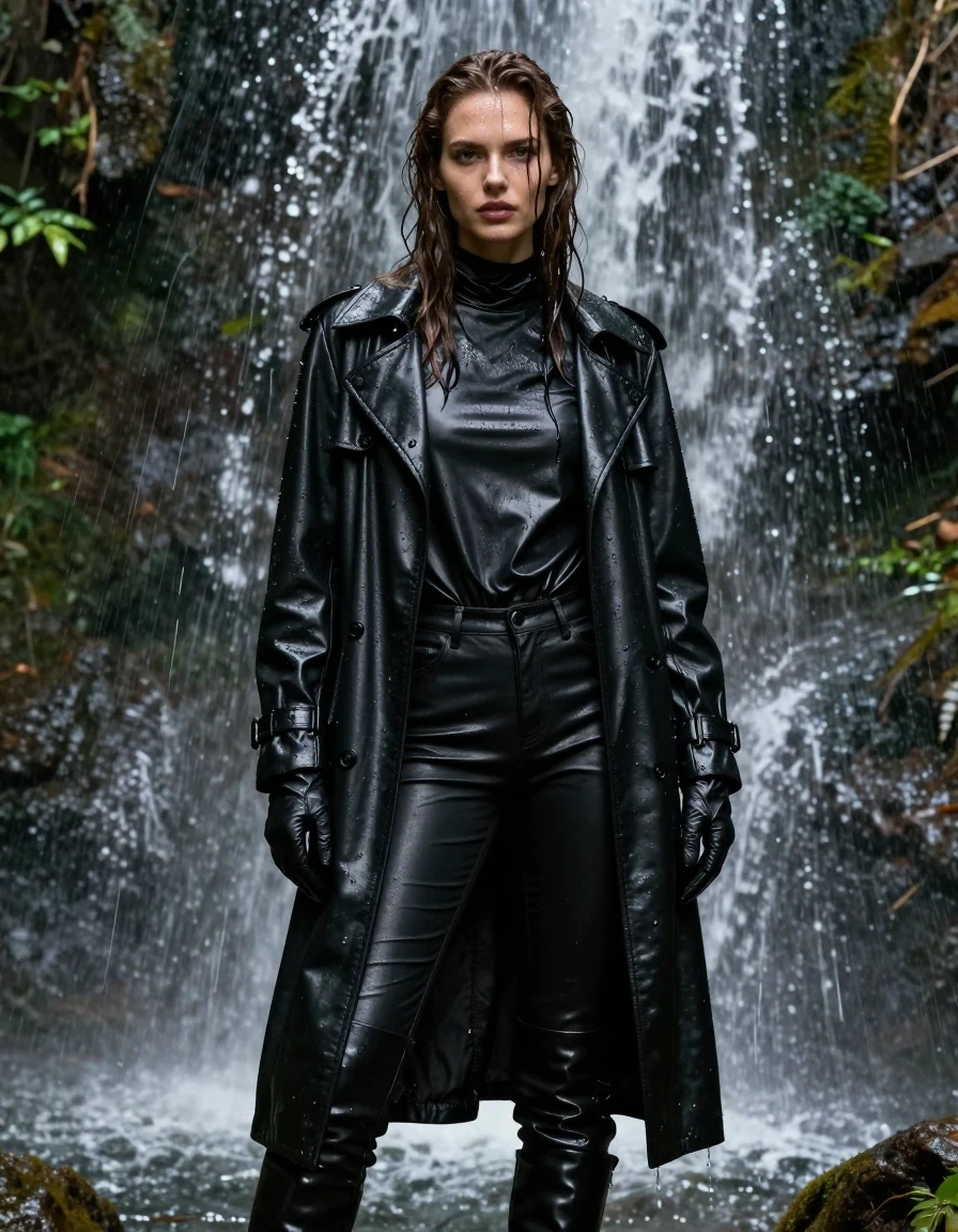 A photorealistic medium shot of a young adult European woman with long, dripping wet brown hair, standing directly under a cascading forest waterfall. Her skin is glistening and soaked with water. She is wearing an oversize black leather polar neck shirt, black leather jeans, black leather knee-high boots, and black leather gloves on both hands, all layered under a heavy black leather trench coat. The leather garments are heavily drenched, with water sheen, visible water droplets, and dark, saturated textures clinging to her frame. The scene is set in a dense, lush forest environment with water pouring over her, emphasizing the weight and texture of the wet clothing. Professional photography, high-contrast lighting highlighting the glossy wet surfaces, cinematic composition, sharp focus, 8k resolution, realistic water physics, no nudity, fully clothed.