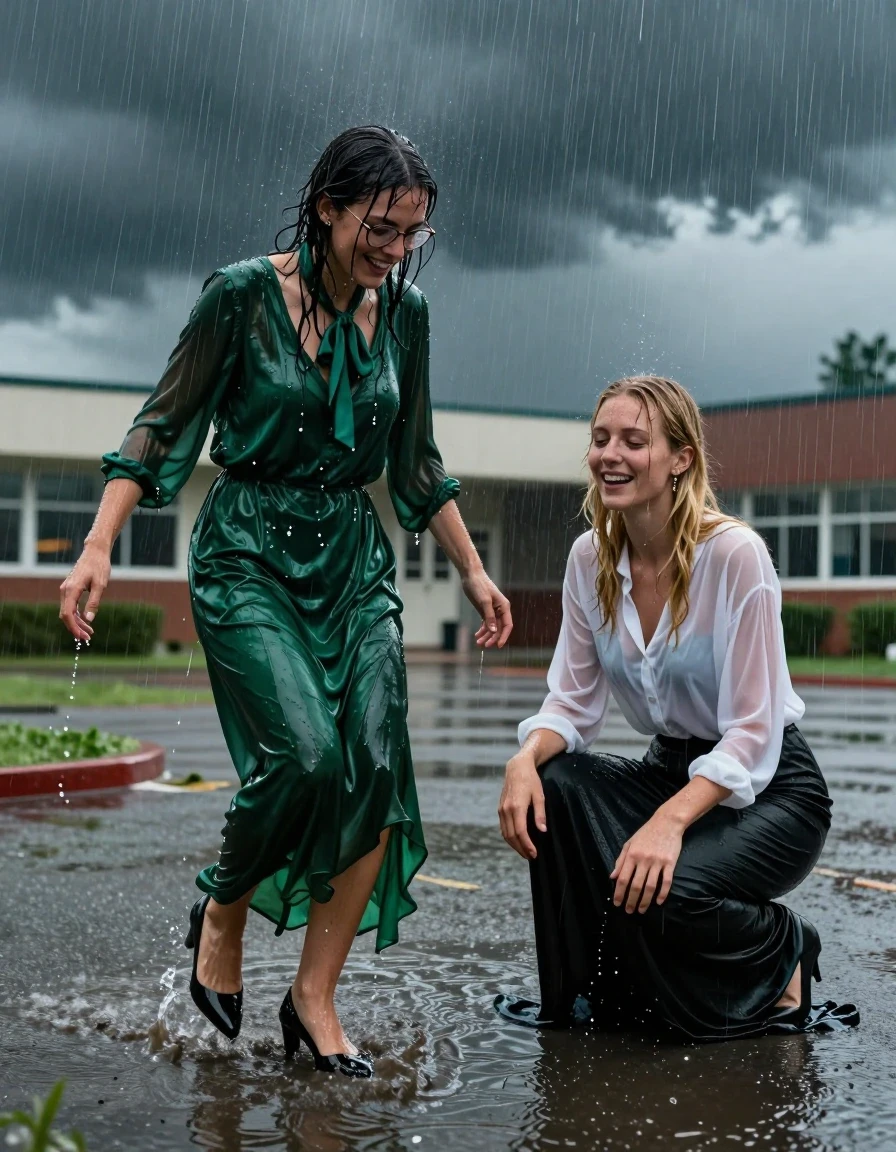 A hyper-realistic, cinematic wide shot of two lesbian teachers outside a school during a heavy thunderstorm. A young adult European woman with glasses, wearing an oversized long-sleeved emerald green silk maxi dress with a bowtie and high heels, is joyfully rolling in a deep, murky puddle on the asphalt. Next to her, a blonde woman wearing a long-sleeved white blouse and a long black skirt kneels in the rain. Both women have drenched skin, dripping wet hair, and clothes that are heavily soaked, clinging to their bodies with dark, saturated patches, visible fabric weight, and intricate folds. The silk dress shows a deep, luminous wet sheen, while the white blouse is translucent and plastered to the skin. Rainwater cascades off their faces and clothing, creating realistic water ripples in the puddle and intense specular highlights on their wet skin and fabric. The environment is dark and moody, lit by the dramatic, flickering light of a storm, with rain streaks visible in the air, wet pavement reflecting the school lights, and a high-contrast, detailed photographic aesthetic.
