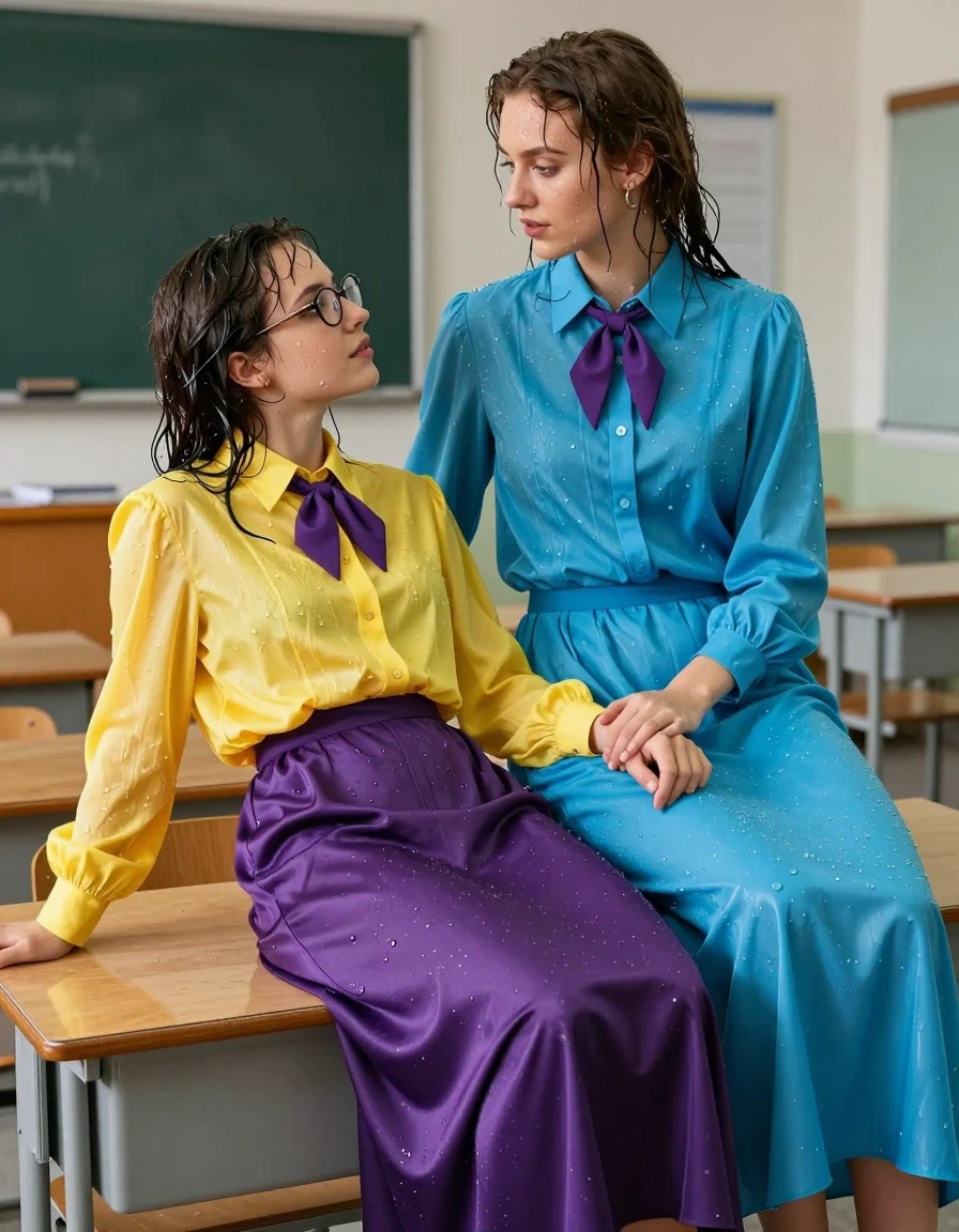 photo of young woman, in soaking wet, drenched clothes,
heels, 1st woman: satin purple maxi skirt 2nd: a long-sleeved buttoned-down cyan maxi dress with a necktie, 1st woman: oversized long sleeved silk yellow buttoned-down blouse with purple bowtie, glasses; 2nd: a long-sleeved buttoned-down cyan maxi dress with a necktie, empty teachers' room, 
enjoying, wet clothes stuck to body,
detailed textures of the wet clothes, wet face, wet plastered hair,
wet, drenched, professional, high-quality details, full body view.
sharp focus, ultra-high pixel detail, realistic, high-quality, full colors, incredibly detailed, 4k, 8k, 16k, hyper-realistic, RAW photo, masterpiece, ultra-detailed, professionally color graded, professional photograph, two lesbian teachers: first woman laying on the lap of the 2nd woman, wet skin, wet clothes, damp fabric, wet skin, wet clothes, damp fabric, wet skin, wet clothes, damp fabric
