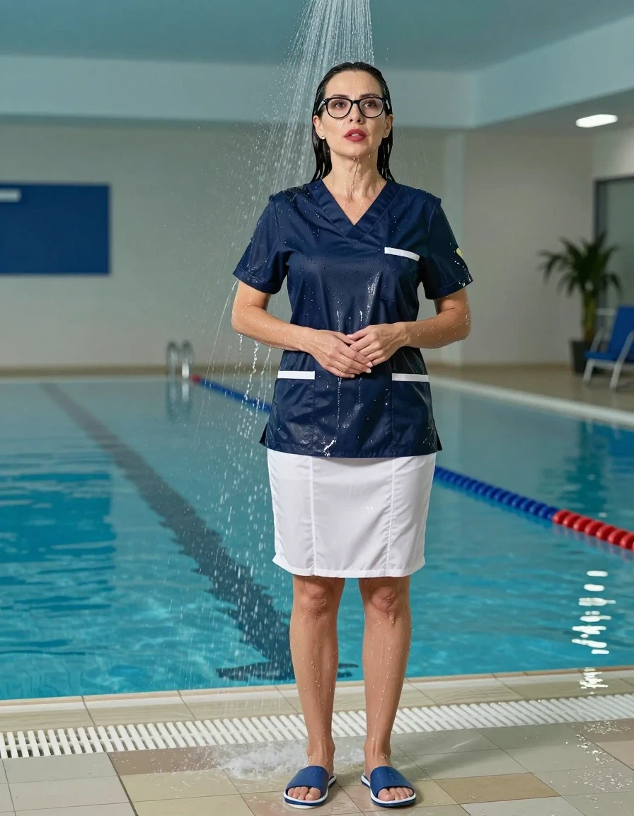 photo of young woman, in soaking wet, drenched clothes,
slippers, dark blue scrubs with white skirt, dark blue scrubs with white skirt, taking shower after swim in indoor swimming pool, enjoying wet clothes stuck body, enjoying, wet clothes stuck to body, 
enjoying, wet clothes stuck to body,
detailed textures of the wet clothes, wet face, wet plastered hair,
wet, drenched, professional, high-quality details, full body view.
sharp focus, ultra-high pixel detail, realistic, high-quality, full colors, incredibly detailed, 4k, 8k, 16k, hyper-realistic, RAW photo, masterpiece, ultra-detailed, professionally color graded, professional photograph, europen brunette skinny woman 50 years old, long dark black hair, very big and thick lips,  office glasses, complete body, wet skin, wet clothes, damp fabric, wet skin, wet clothes, damp fabric, wet skin, wet clothes, damp fabric, wet skin, wet clothes, damp fabric, wet skin, wet clothes, damp fabric