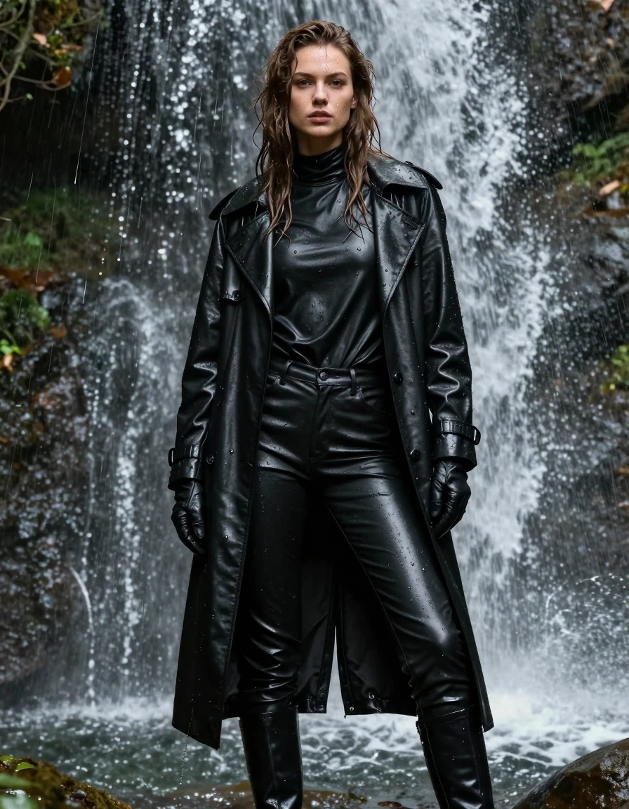 A photorealistic medium shot of a young adult European woman with long, dripping wet brown hair, standing directly under a powerful forest waterfall. Her skin is glistening with water, and her clothes are completely drenched. She is wearing an oversized black leather polar neck shirt, black leather jeans that are heavy with water and clinging to her legs, a long black leather trench coat, and black leather gloves. She is wearing black leather knee-high boots. The leather surfaces are heavily saturated, featuring deep sheen, water droplets sliding down the material, and visible folds where the fabric is weighed down by moisture. The environment is a lush, misty forest with water cascading over the subject. High-contrast lighting captures the intense specular highlights on her wet skin and the slick, reflective surfaces of the leather garments. The image is captured with sharp focus, emphasizing the texture of the soaked materials, realistic water flow, and atmospheric dampness. No nudity, fully clothed, modest attire.