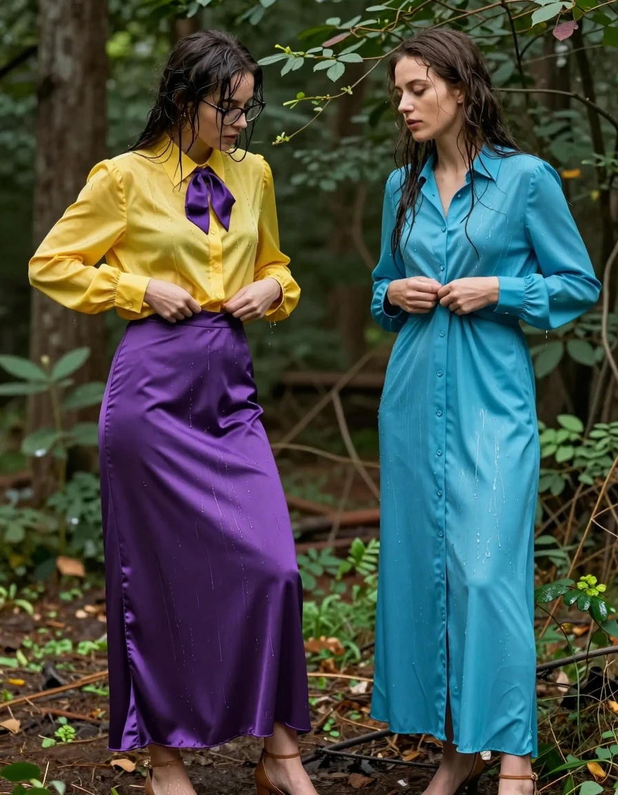 photo of young woman, in soaking wet, drenched clothes,
heels, 1st woman: satin purple maxi skirt 2nd: a long-sleeved nylon buttoned-down cyan maxi dress, 1st woman: oversized long sleeved silk yellow buttoned-down blouse with purple bowtie, glasses; 2nd: a long-sleeved nylon buttoned-down cyan maxi dress, forest, inside a bush, 
enjoying, wet clothes stuck to body,
detailed textures of the wet clothes, wet face, wet plastered hair,
wet, drenched, professional, high-quality details, full body view.
sharp focus, ultra-high pixel detail, realistic, high-quality, full colors, incredibly detailed, 4k, 8k, 16k, hyper-realistic, RAW photo, masterpiece, ultra-detailed, professionally color graded, professional photograph, two nerdy teachers unbuttoning their clothes passionately while hiding, wet skin, wet clothes, damp fabric