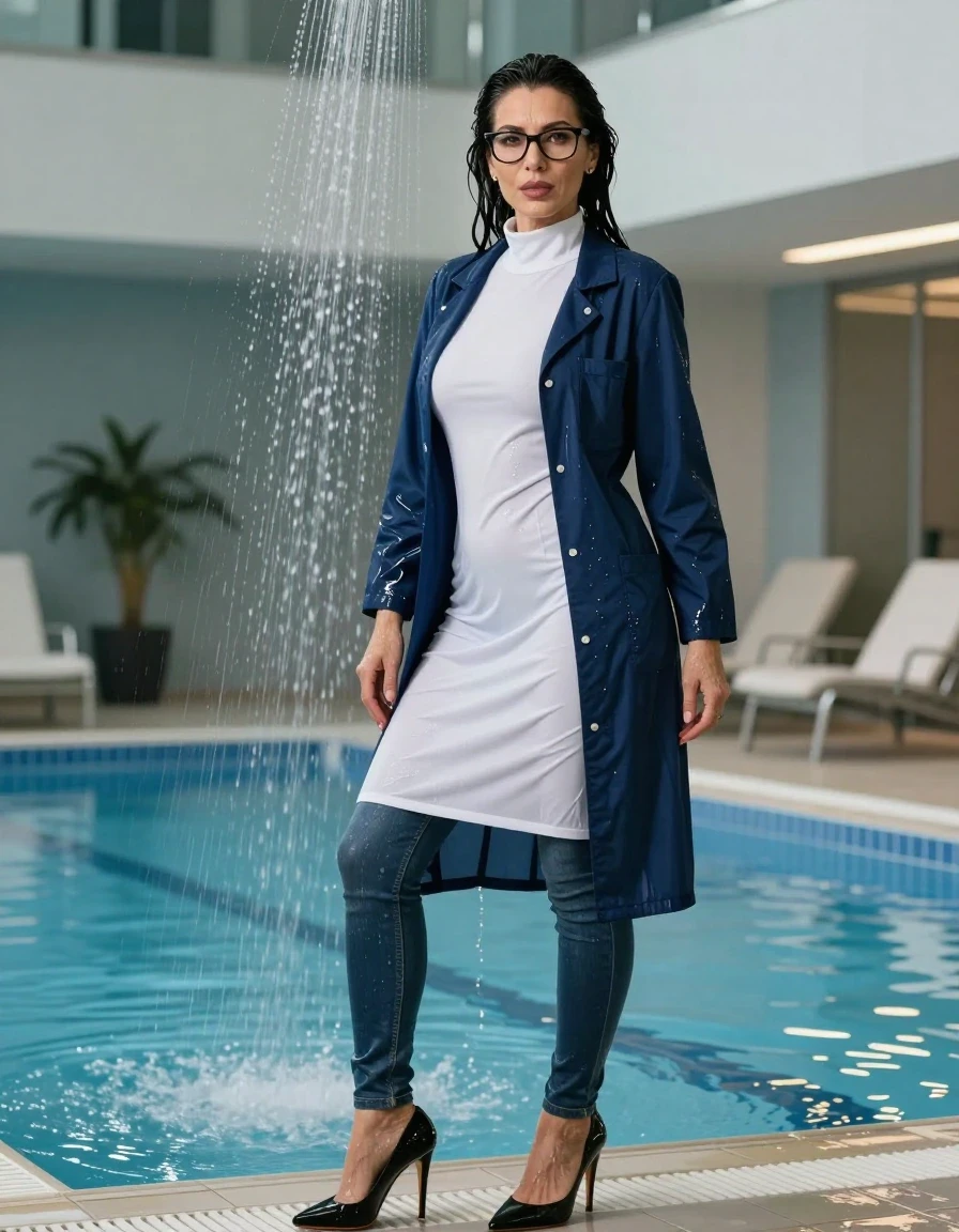 photo of young woman, in soaking wet, drenched clothes,
high-heeled butts, long tight shiny jeans, maxi high-neck white sweater dress, maxi dark blue labcoat with long sleeves, under shower indoor swimming pool, enjoying wet clothes stuck body, enjoying, wet clothes stuck to body, 
enjoying, wet clothes stuck to body,
detailed textures of the wet clothes, wet face, wet plastered hair,
wet, drenched, professional, high-quality details, full body view.
sharp focus, ultra-high pixel detail, realistic, high-quality, full colors, incredibly detailed, 4k, 8k, 16k, hyper-realistic, RAW photo, masterpiece, ultra-detailed, professionally color graded, professional photograph, europen brunette skinny woman 50 years old, long dark black hair, very big and thick lips,  office glasses, complete body, wet skin, wet clothes, damp fabric, wet skin, wet clothes, damp fabric, wet skin, wet clothes, damp fabric, wet skin, wet clothes, damp fabric, wet skin, wet clothes, damp fabric