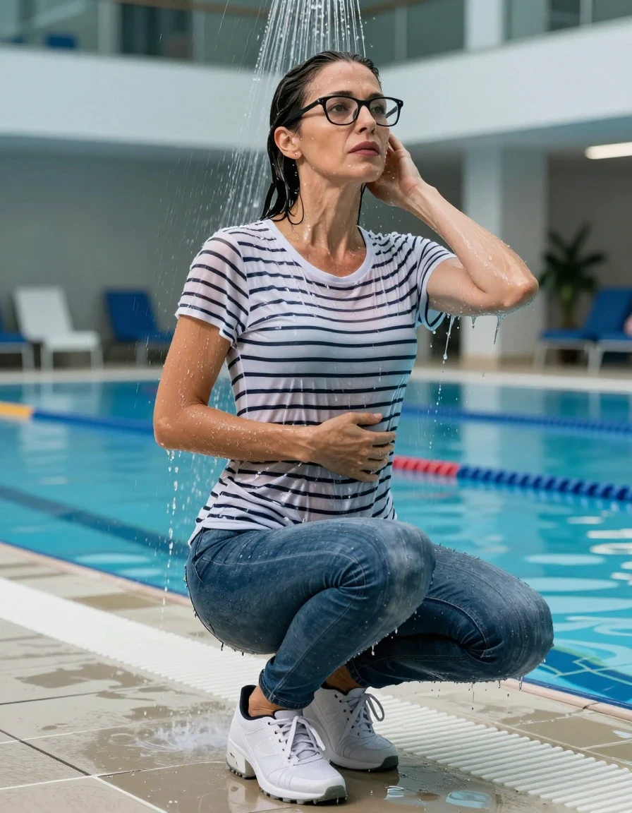 photo of young woman, in soaking wet, drenched clothes,
sport shoes, blue jeans, white & black striped t-shirt, taking shower after swim in indoor swimming pool, enjoying wet clothes stuck body, enjoying, wet clothes stuck to body, 
enjoying, wet clothes stuck to body,
detailed textures of the wet clothes, wet face, wet plastered hair,
wet, drenched, professional, high-quality details, full body view.
sharp focus, ultra-high pixel detail, realistic, high-quality, full colors, incredibly detailed, 4k, 8k, 16k, hyper-realistic, RAW photo, masterpiece, ultra-detailed, professionally color graded, professional photograph, europen brunette skinny woman 50 years old, long dark black hair, very big and thick lips,  office glasses, complete body, wet skin, wet clothes, damp fabric, wet skin, wet clothes, damp fabric, wet skin, wet clothes, damp fabric, wet skin, wet clothes, damp fabric, wet skin, wet clothes, damp fabric