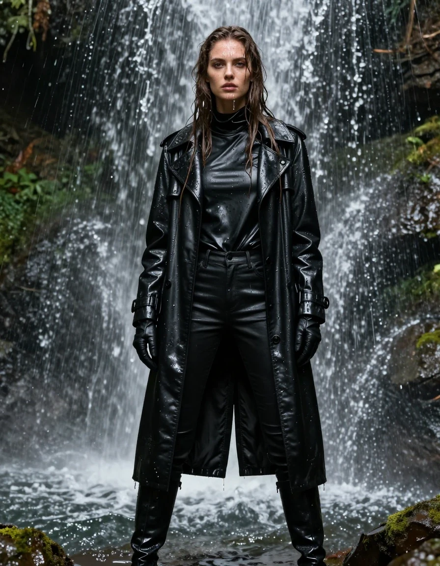 A photorealistic portrait of a young adult European woman with long, dripping wet brown hair, standing directly under a powerful waterfall in a lush forest. Her skin is glistening with water, and she is wearing an oversize black leather polar neck shirt, black leather jeans, black leather gloves on both hands, and a long black leather trench coat, finished with black leather knee-high boots. Every garment is drenched, with the black leather appearing heavy, saturated, and clinging to her form, featuring intense specular highlights, water sheen, and deep glossy reflections from the cascading water. The environment is misty and verdant, with water droplets spraying and streaming down the model's face and clothes. The lighting is natural and diffused, emphasizing the textures of the soaked leather and the wet skin. High-resolution, cinematic, hyper-detailed, sharp focus, professional photography, fully clothed, modest attire, no nudity.