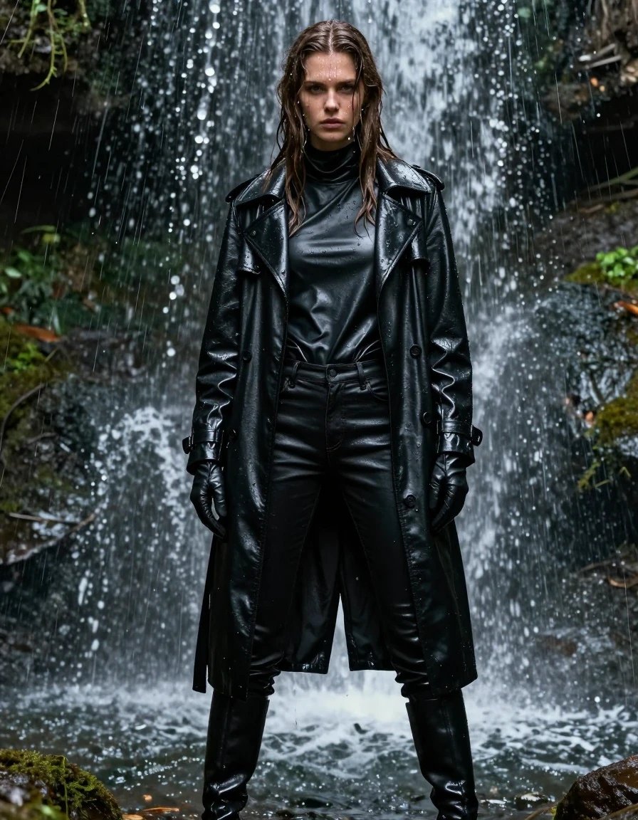 A photorealistic full-body shot of a young adult European woman with long dripping wet brown hair, standing directly under a cascading forest waterfall. She is wearing an oversize black leather polar neck shirt, black leather jeans, a black leather trench coat, black leather gloves, and black leather knee-high boots. Every garment is visibly drenched, heavy with water, and clinging to her body with deep, dark, saturated tones and high-gloss specular reflections on the wet leather surfaces. Her skin is glistening with water, and water droplets stream down her face and hair. The scene is set in a lush, misty forest environment with water splashing and dripping continuously over the model. The lighting is natural, diffused through the forest canopy, highlighting the wet texture of the leather and the saturated dark fabric. High-resolution, cinematic photography, sharp focus, hyper-realistic wetness, no nudity, fully clothed, modest attire.