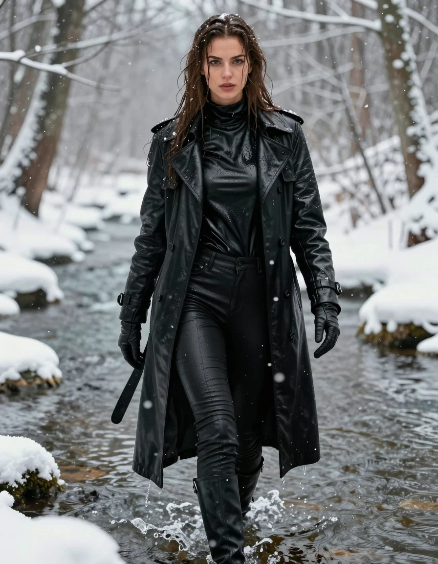 A photorealistic full-body shot of a young adult European woman with long, dripping wet brown hair, standing in a freezing river within a dense, snow-covered forest during heavy snowfall. Her skin is visibly wet with a natural sheen, and she is dressed in layers of soaking-wet black leather: an oversize black leather polar neck shirt, a heavy black leather trench coat, tight black leather jeans, and black leather knee-high boots, with black leather gloves on both hands. The leather garments are heavily saturated, clinging to her form with deep, dark tones, visible water runoff, and strong glossy specular reflections on the wet surfaces, seams, and folds. She is walking through the shallow, icy river, her clothes and skin covered in a light layer of melting snow. The atmosphere is cold and wintry, with heavy snowflakes falling around her. Cinematic lighting, sharp focus on the textures of the wet leather and damp hair, high-detail skin texture, realistic wetness, professional photography, 8k, highly detailed, no nudity, modest attire.
