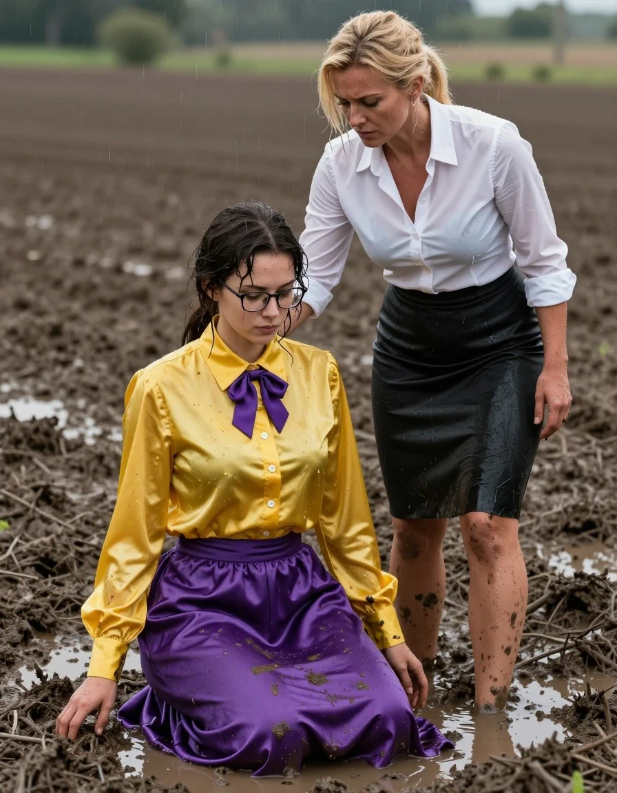 Hyper-realistic full-body shot of two lesbian teachers in a muddy field. A nerdy young woman in her 30s with glasses, wearing an oversized long-sleeved yellow silk buttoned-down blouse with a purple bowtie and a satin purple maxi skirt, is kneeling in a deep muddy puddle, acting as a servant; her silk and satin clothes are drenched, clinging to her skin, showing heavy wet folds and a dark, water-saturated sheen. Standing over her is a muscular blonde woman in her 40s, the master, dressed in a crisp long-sleeved white buttoned-down shirt and a black dress, her skin and clothes damp from the environment. Both subjects have wet hair and skin with realistic water sheen. The scene is set in a gloomy, rain-drenched muddy field with splattered mud on fabric and skin. Cinematic lighting, high-contrast wet textures, 8k resolution, professional photography, focus on the contrast between the soaked, muddied servant and the damp, authoritative master.