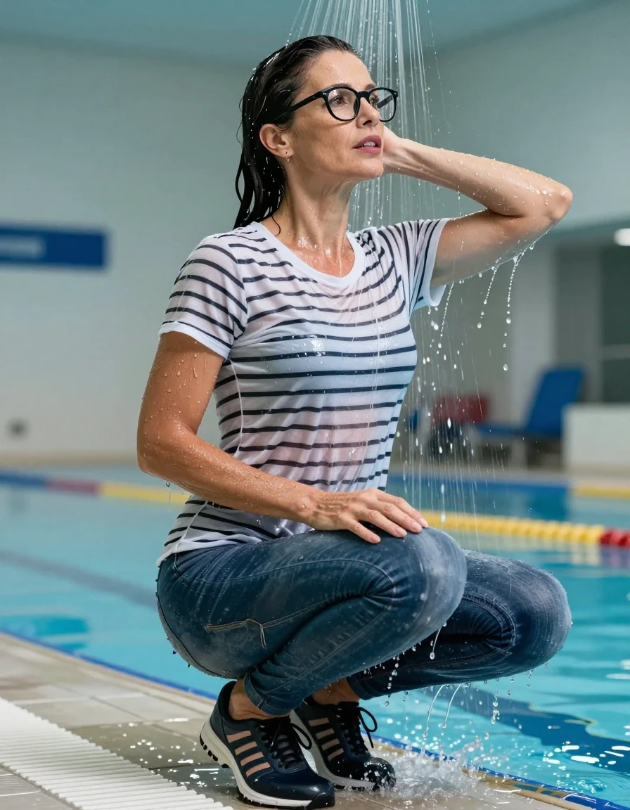 photo of young woman, in soaking wet, drenched clothes,
sport shoes, blue jeans, white & black striped t-shirt, taking shower after swim in indoor swimming pool, enjoying wet clothes stuck body, enjoying, wet clothes stuck to body, 
enjoying, wet clothes stuck to body,
detailed textures of the wet clothes, wet face, wet plastered hair,
wet, drenched, professional, high-quality details, full body view.
sharp focus, ultra-high pixel detail, realistic, high-quality, full colors, incredibly detailed, 4k, 8k, 16k, hyper-realistic, RAW photo, masterpiece, ultra-detailed, professionally color graded, professional photograph, europen brunette skinny woman 50 years old, long dark black hair, very big and thick lips,  office glasses, complete body, wet skin, wet clothes, damp fabric, wet skin, wet clothes, damp fabric, wet skin, wet clothes, damp fabric, wet skin, wet clothes, damp fabric, wet skin, wet clothes, damp fabric