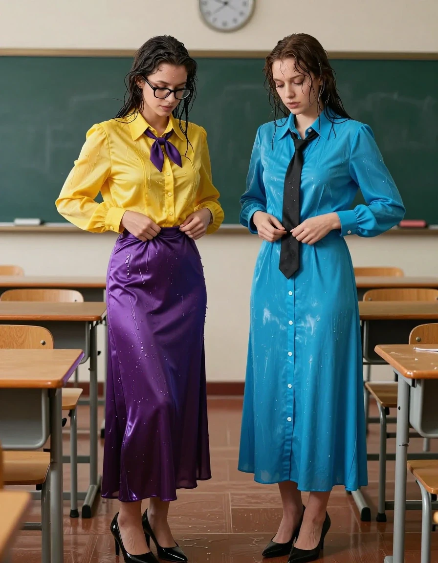 photo of young woman, in soaking wet, drenched clothes,
heels, 1st woman: satin purple maxi skirt 2nd: a long-sleeved buttoned-down cyan maxi dress with a necktie, 1st woman: oversized long sleeved silk yellow buttoned-down blouse with purple bowtie, glasses; 2nd: a long-sleeved buttoned-down cyan maxi dress with a black necktie, empty classroom, 
enjoying, wet clothes stuck to body,
detailed textures of the wet clothes, wet face, wet plastered hair,
wet, drenched, professional, high-quality details, full body view.
sharp focus, ultra-high pixel detail, realistic, high-quality, full colors, incredibly detailed, 4k, 8k, 16k, hyper-realistic, RAW photo, masterpiece, ultra-detailed, professionally color graded, professional photograph, two nerdy teachers erotically unbuttoning their clothes, wet skin, wet clothes, damp fabric